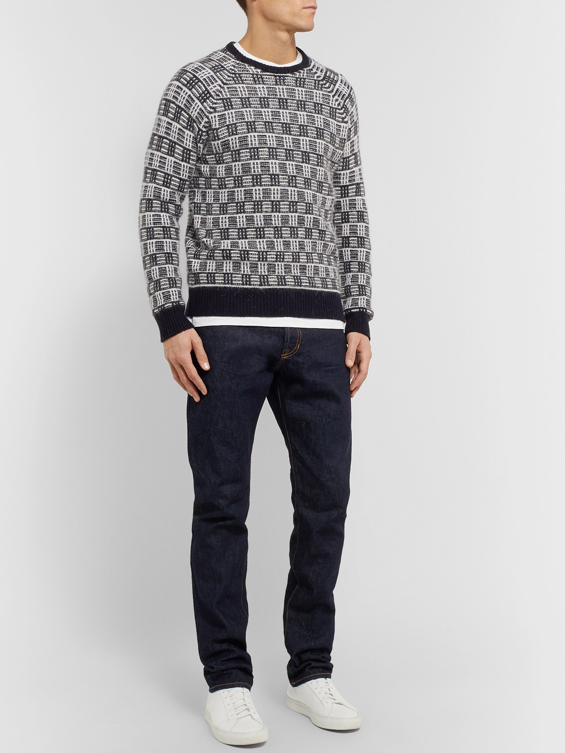 Incotex Checked Brushed Virgin Wool-blend Sweater In Blue