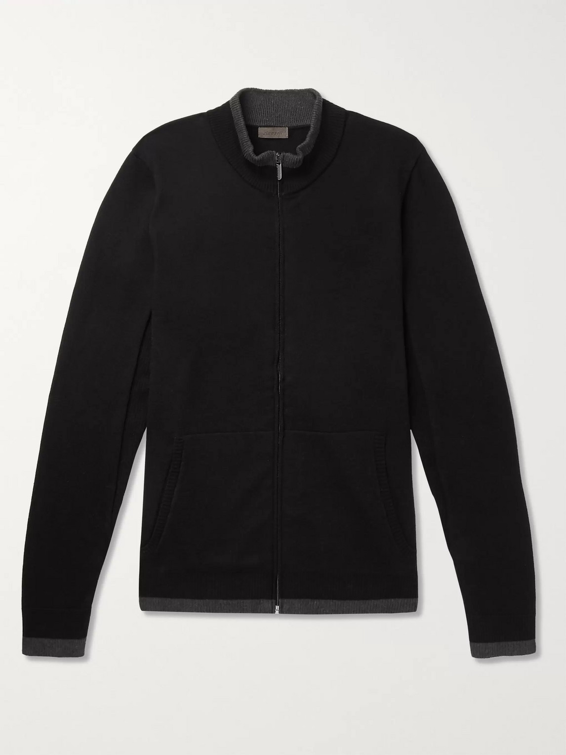 Zimmerli Contrast-tipped Cotton And Cashmere-blend Zip-up Cardigan In Black