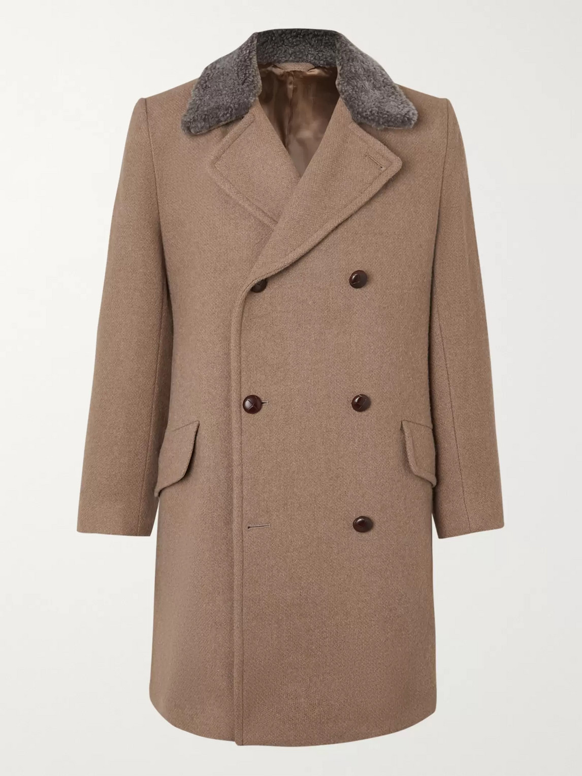 Kingsman Conrad Double-breasted Shearling-trimmed Wool Coat In Brown