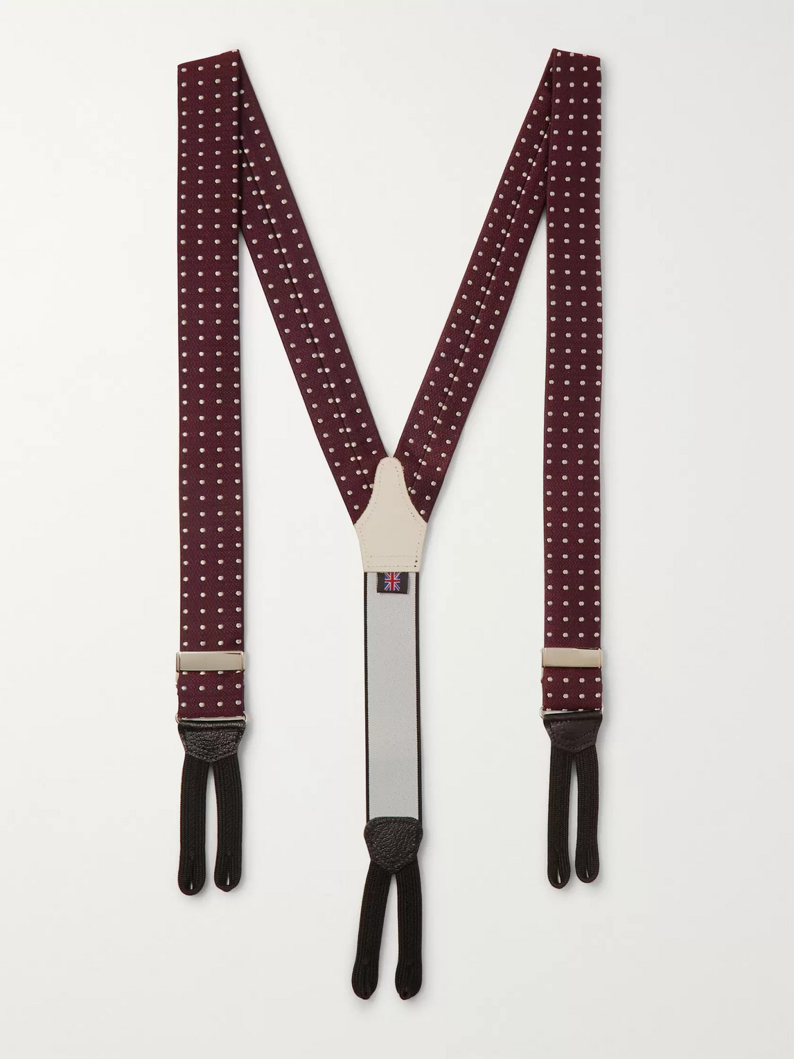 Favourbrook Pickwick Leather-trimmed Polka-dot Silk-jacquard Braces In Burgundy