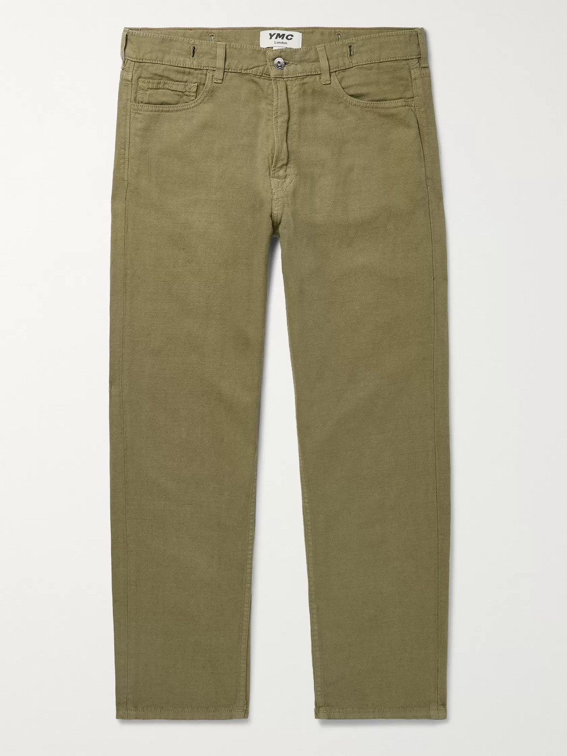 Ymc You Must Create Tearaway Slim-fit Cropped Cotton And Linen-blend Canvas Jeans In Green