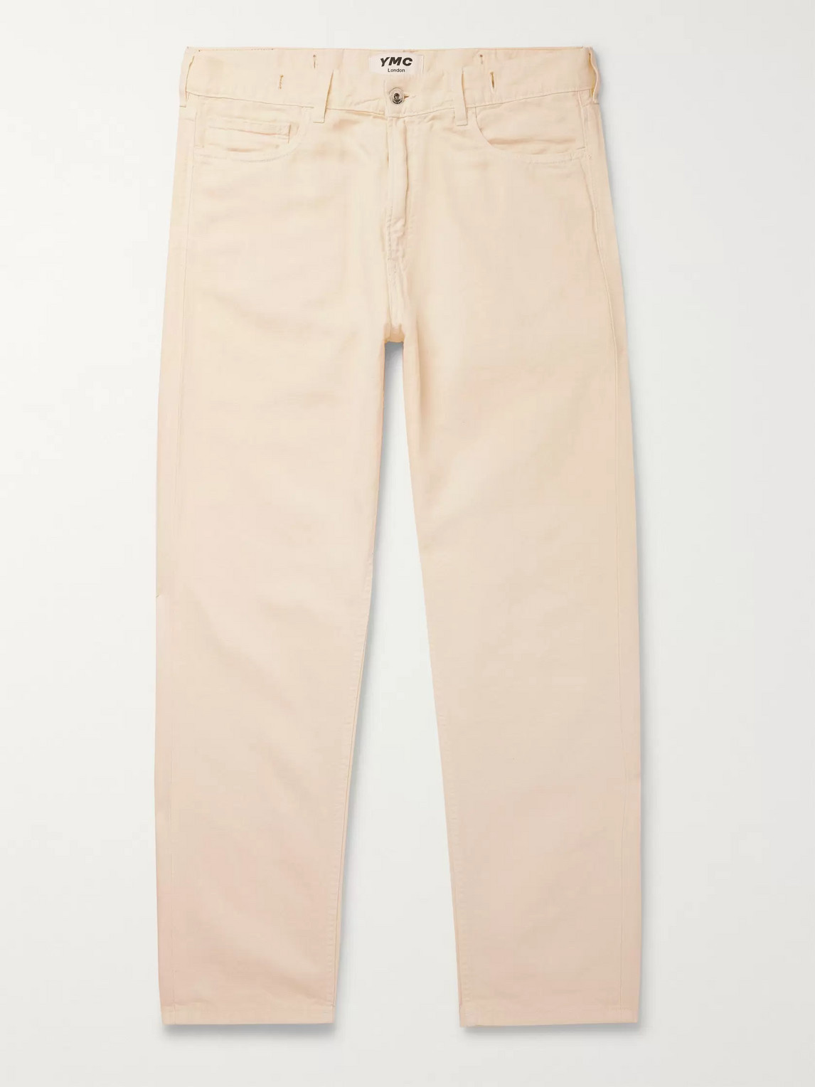 Ymc You Must Create Tearaway Tapered Cropped Cotton And Linen-blend Canvas Jeans In Neutrals