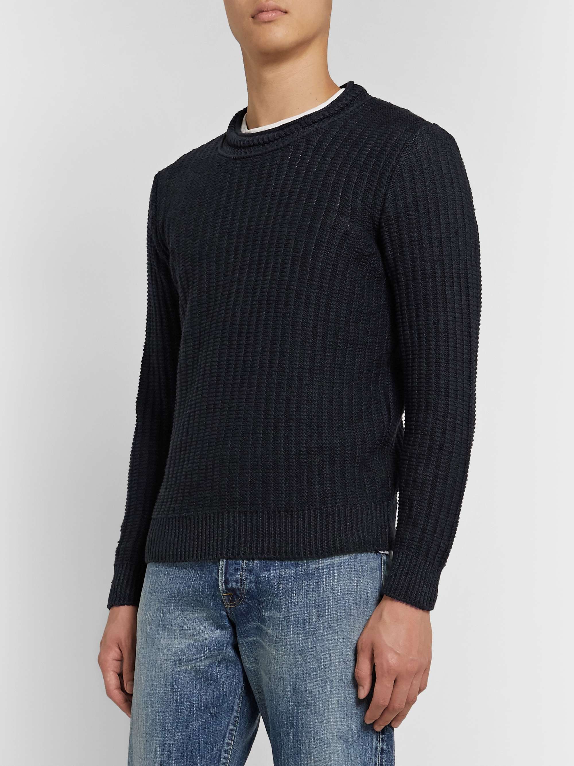 INIS MEÁIN Ribbed Linen and Silk-Blend Sweater