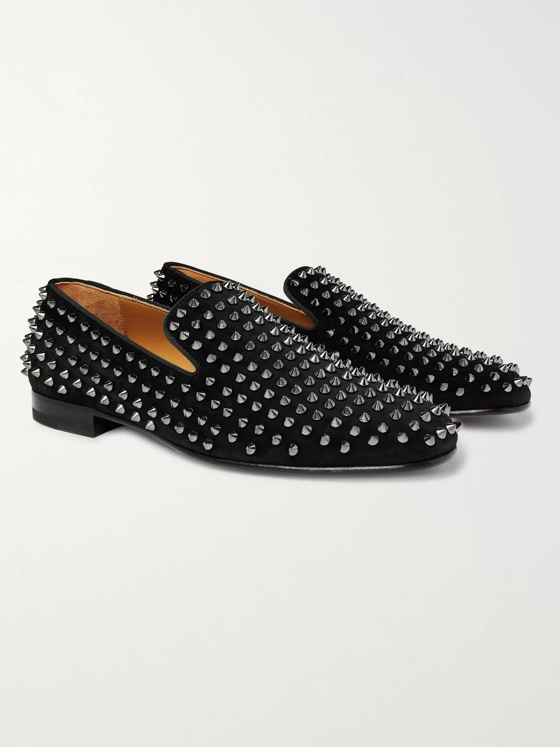 CHRISTIAN LOUBOUTIN ROLLERBOY SPIKES GROSGRAIN-TRIMMED SUEDE LOAFERS