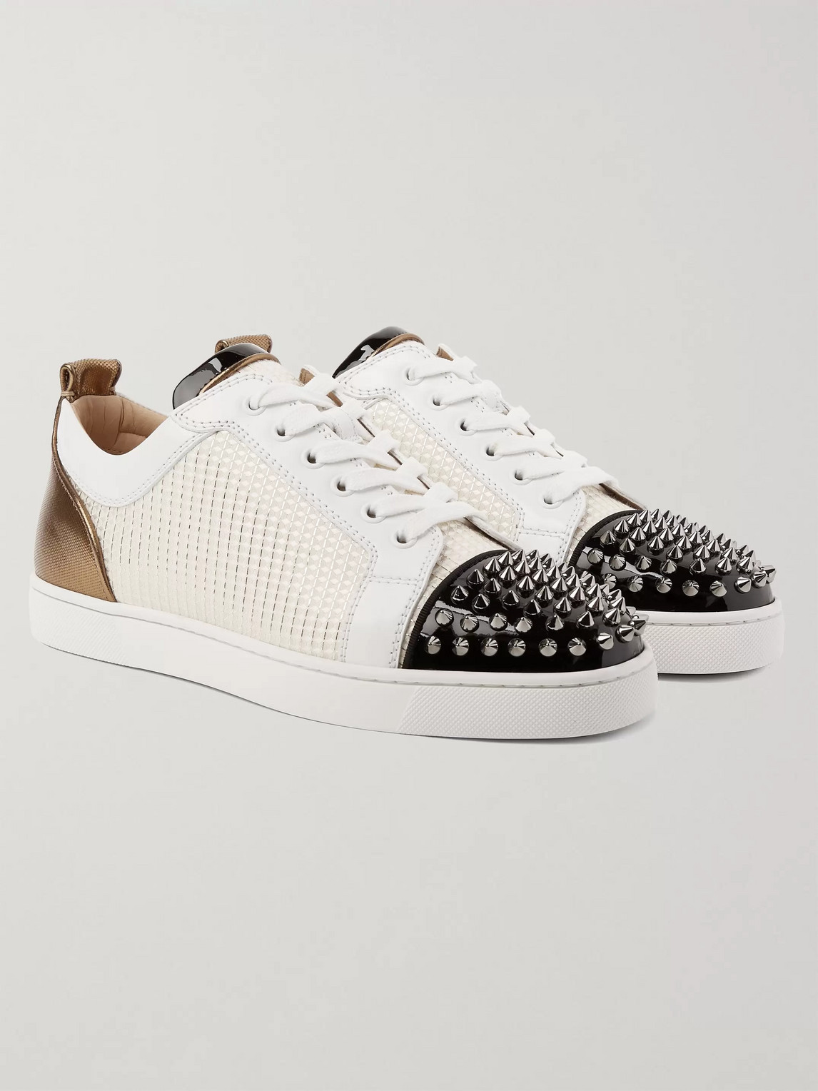 CHRISTIAN LOUBOUTIN LOUIS JUNIOR SPIKES ORLATO LEATHER AND JACQUARD SNEAKERS