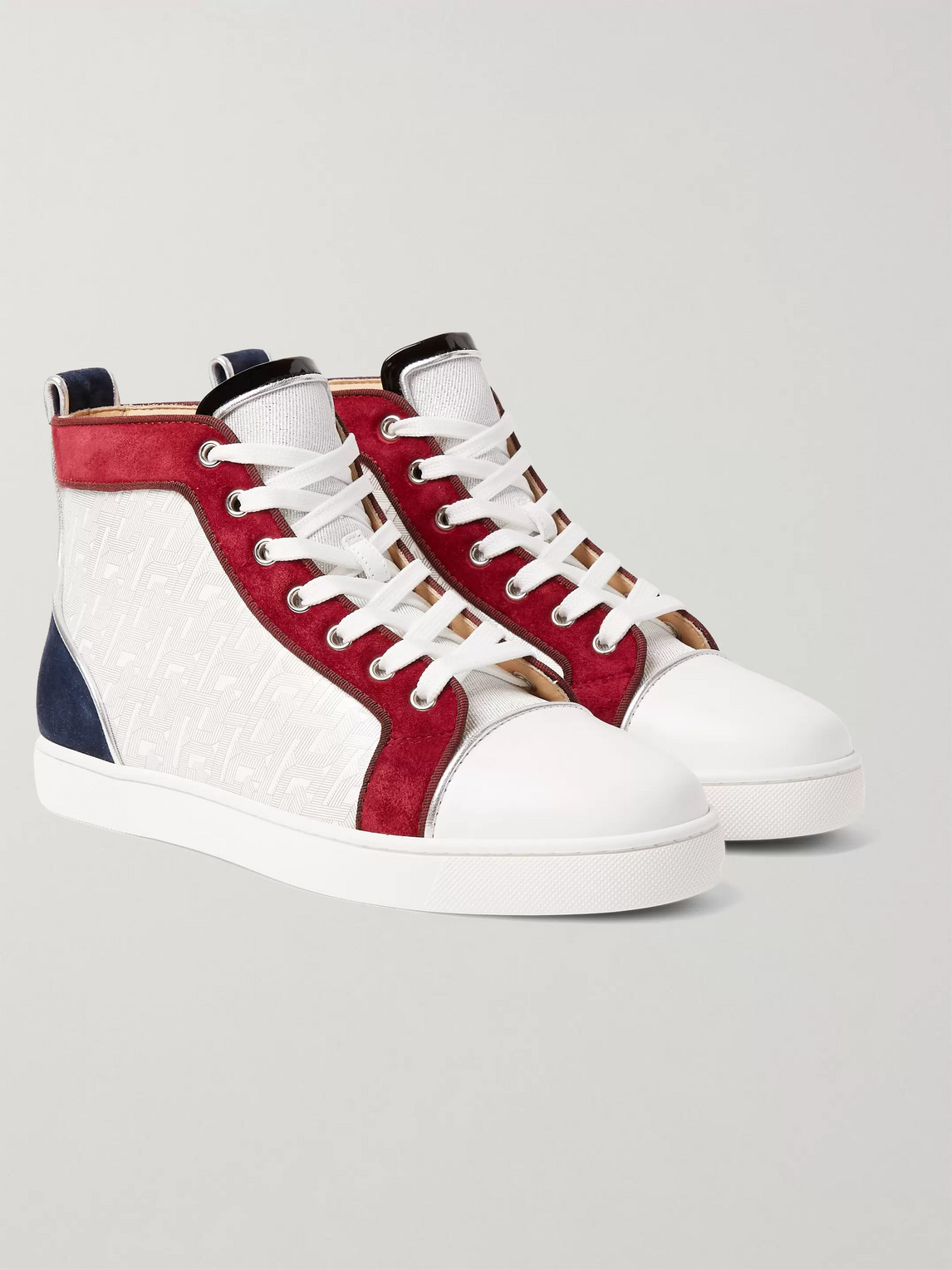 CHRISTIAN LOUBOUTIN LOUIS ORLATO SUEDE, LEATHER AND DENIM HIGH-TOP SNEAKERS