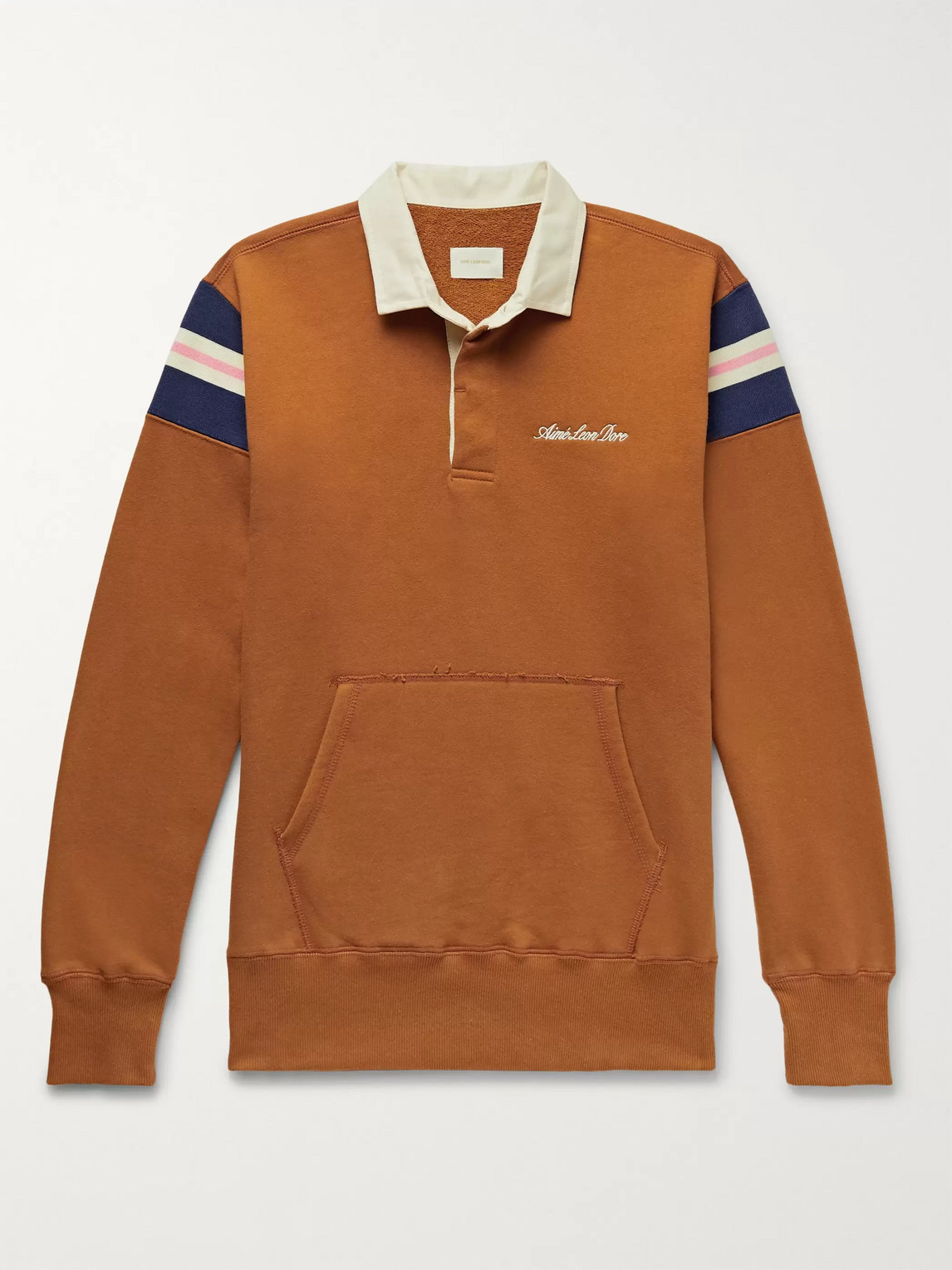 Aimé Leon Dore Logo-embroidered Striped Loopback Cotton-jersey Rugby Sweatshirt In Brown