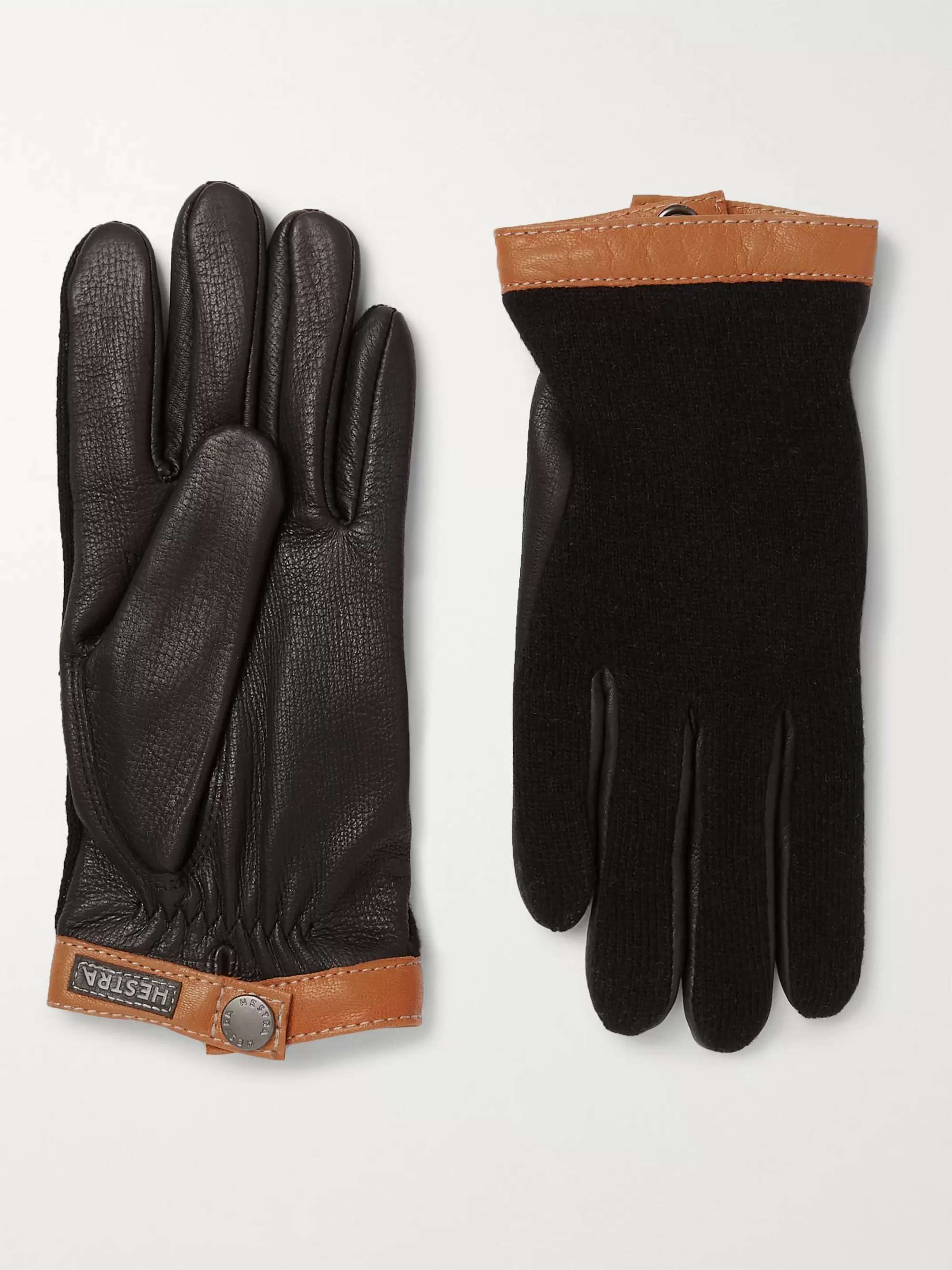 HESTRA Tricot-Panelled Leather Gloves