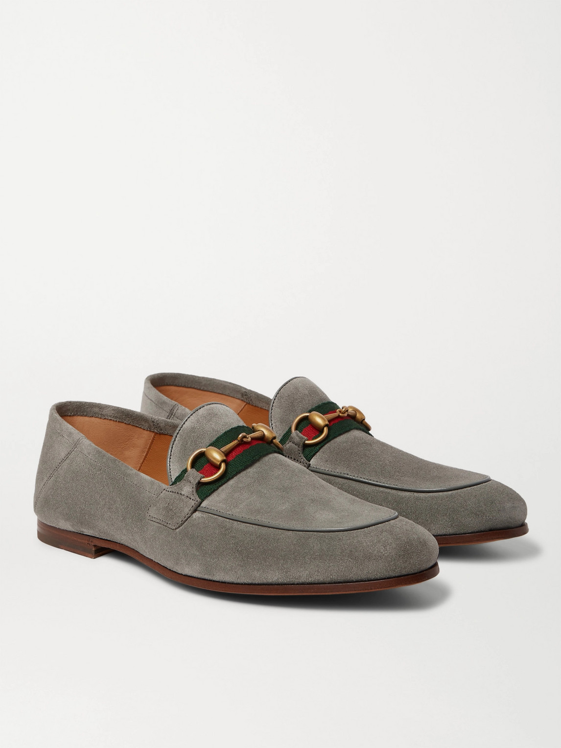 GUCCI BRIXTON HORSEBIT WEBBING-TRIMMED COLLAPSIBLE-HEEL SUEDE LOAFERS