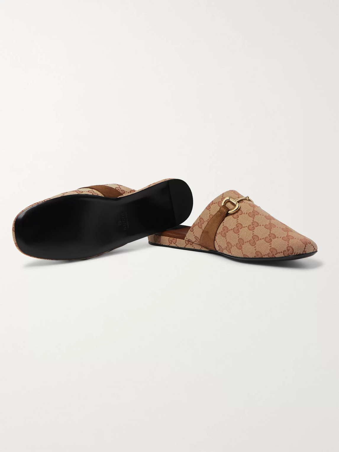 GUCCI PERICLE HORSEBIT SUEDE-TRIMMED MONOGRAMMED CANVAS SLIPPERS