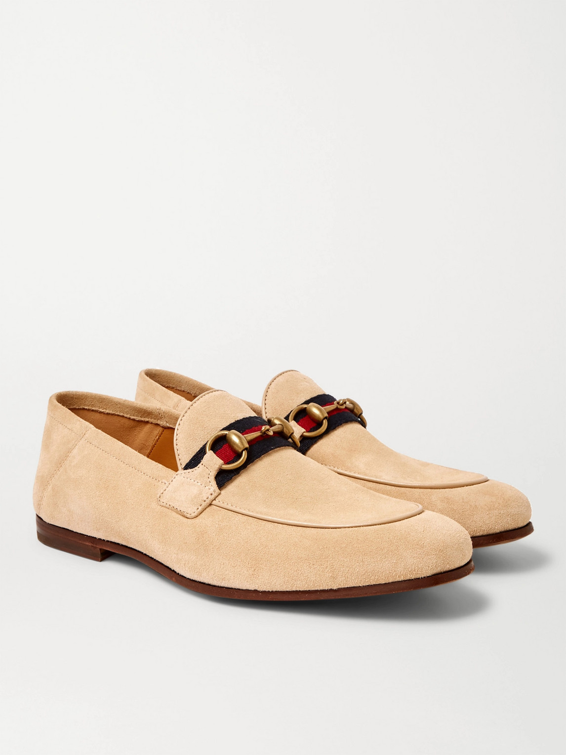 GUCCI BRIXTON HORSEBIT WEBBING-TRIMMED COLLAPSIBLE-HEEL SUEDE LOAFERS