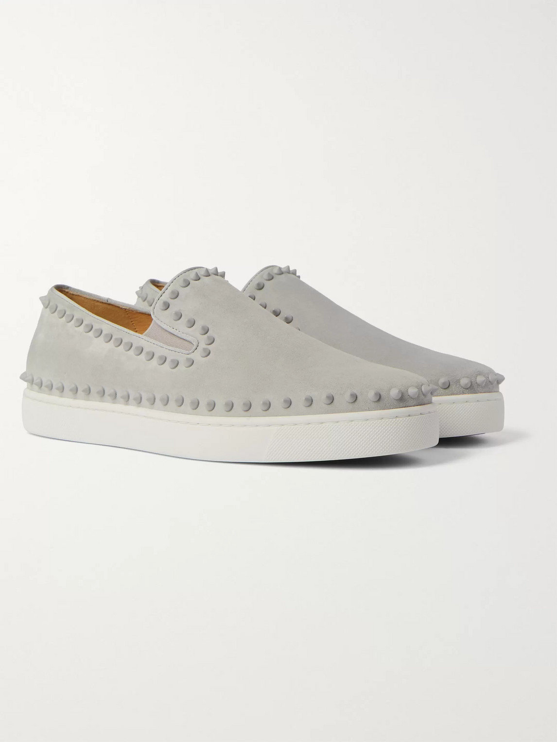 Christian Louboutin Pik Boat Studded Suede Slip-on Sneakers In Gray