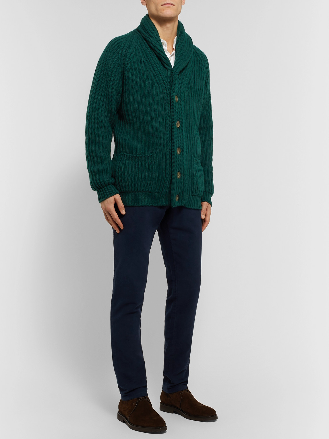 Anderson & Sheppard Shawl-collar Ribbed Cashmere Cardigan In Green