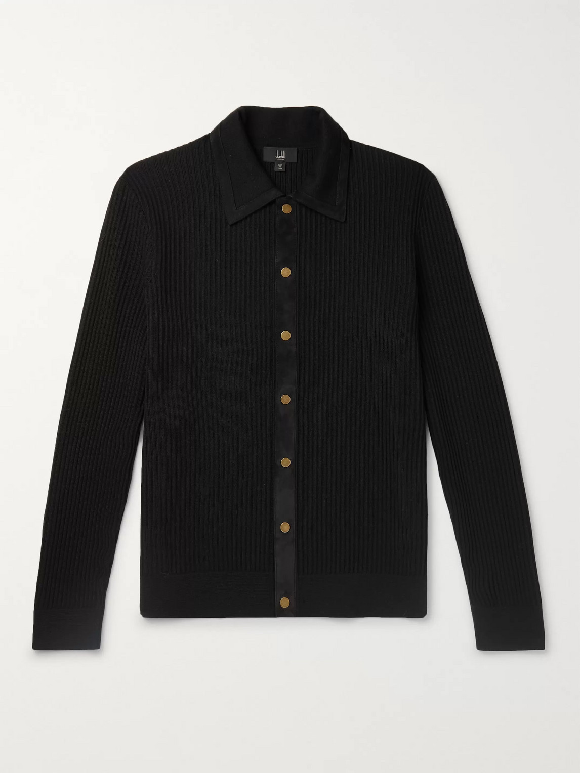Dunhill Suede-trimmed Ribbed Merino Wool Cardigan In Black