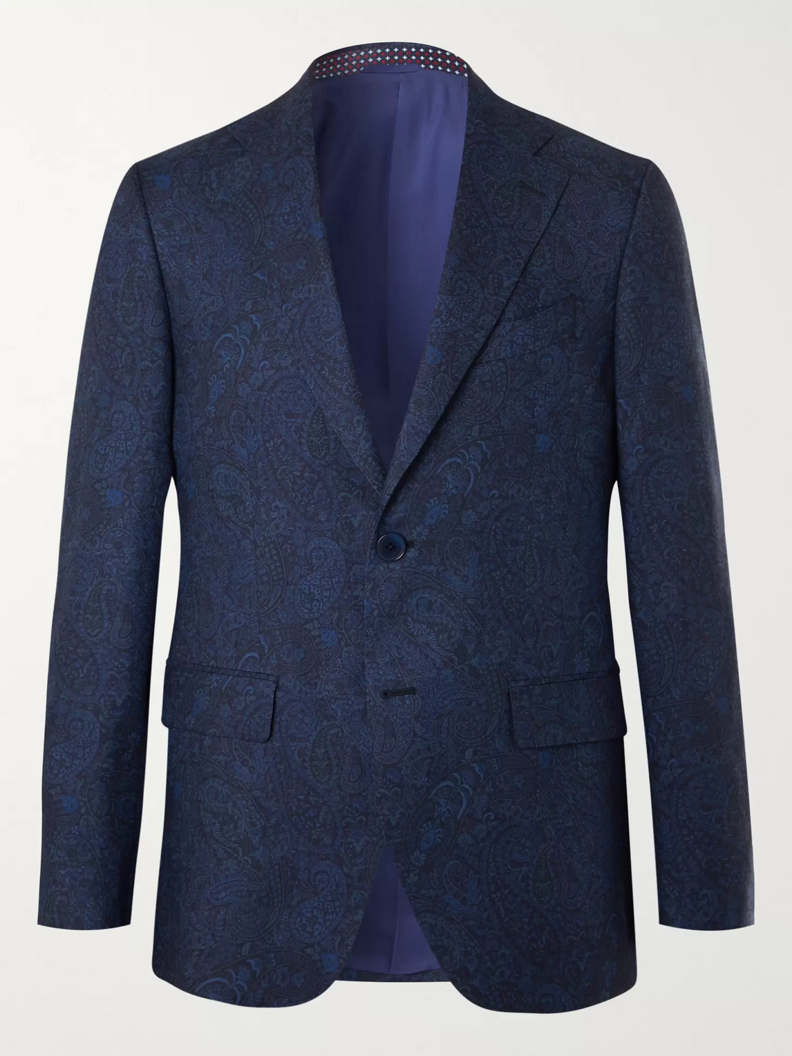 Etro Navy Slim-fit Paisley-print Wool Suit Jacket In Navy Blue