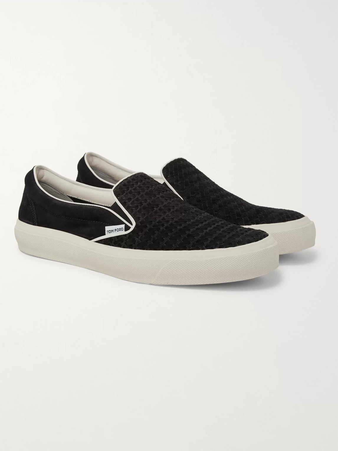 Tom Ford Cambridge Leather-trimmed Woven Suede Slip-on Trainers In Black