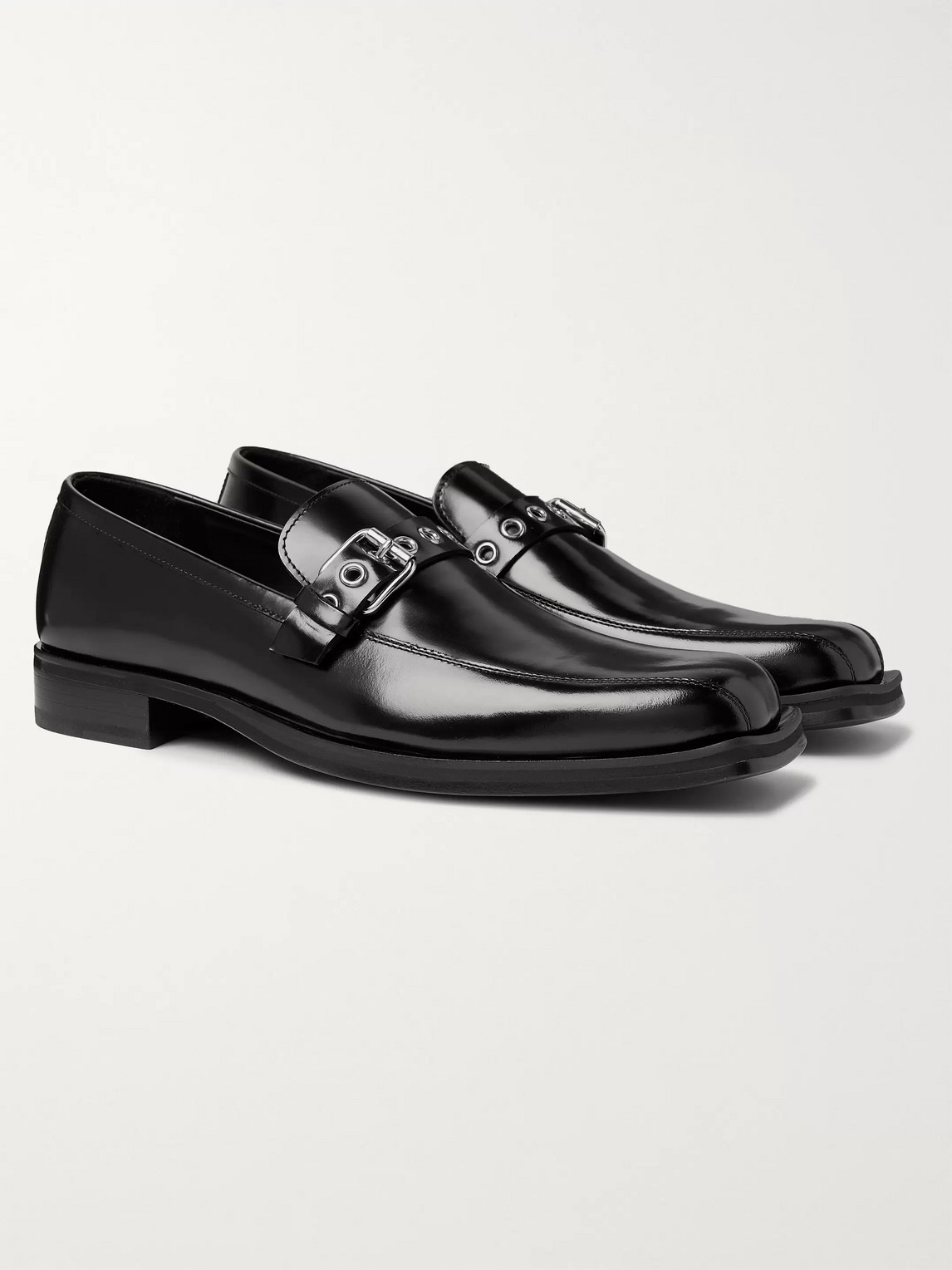 VERSACE BUCKLED GLOSSED-LEATHER LOAFERS