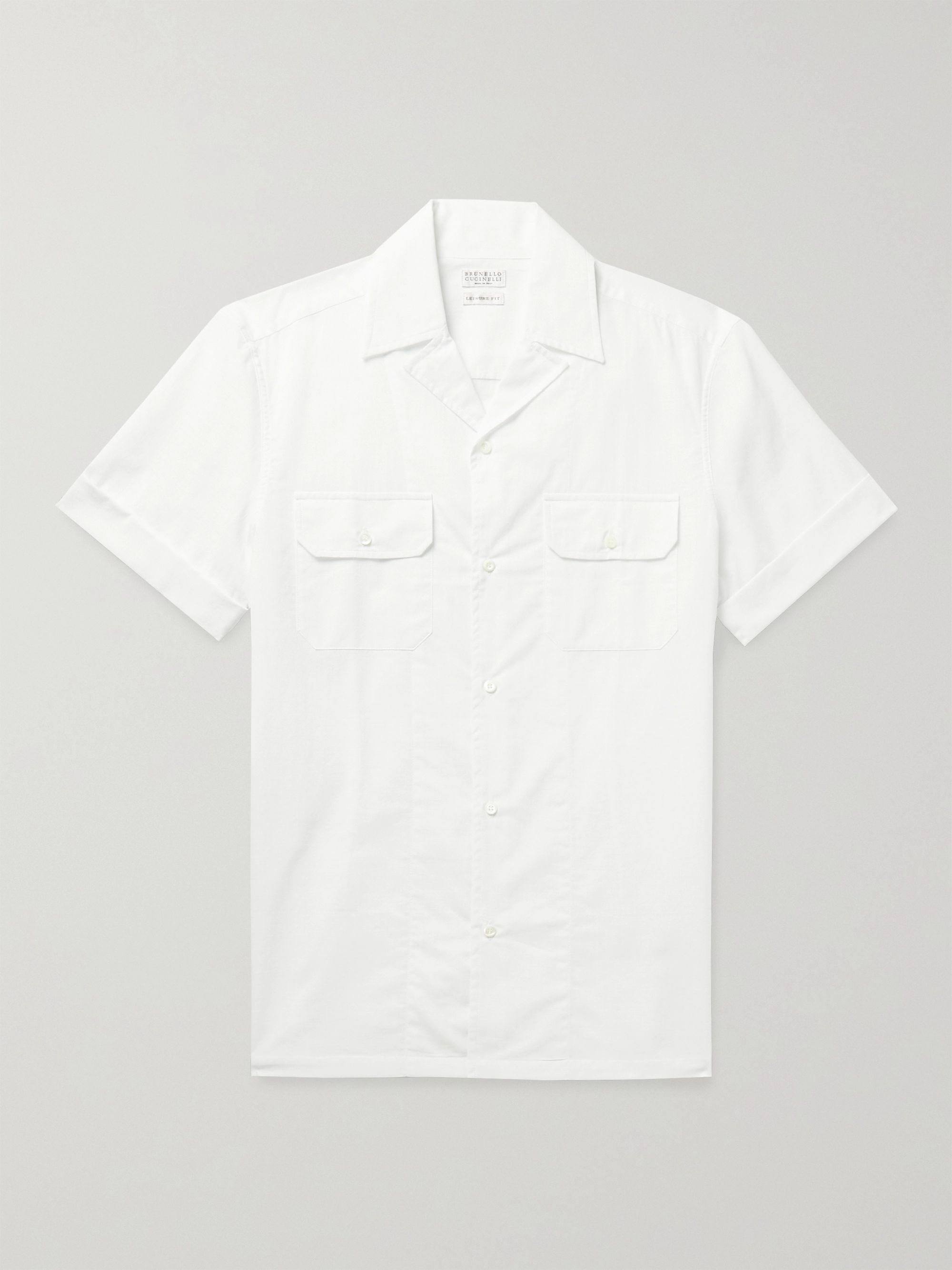 브루넬로 쿠치넬리 Brunello Cucinelli Camp-Collar Cotton-Chambray Shirt,White