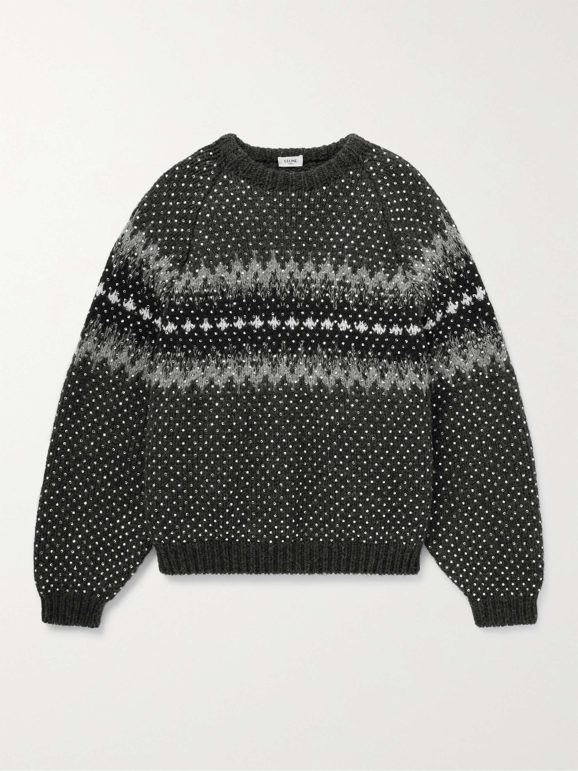 CELINE HOMME Oversized Rhinestone-Embellished Fair Isle Wool Sweater