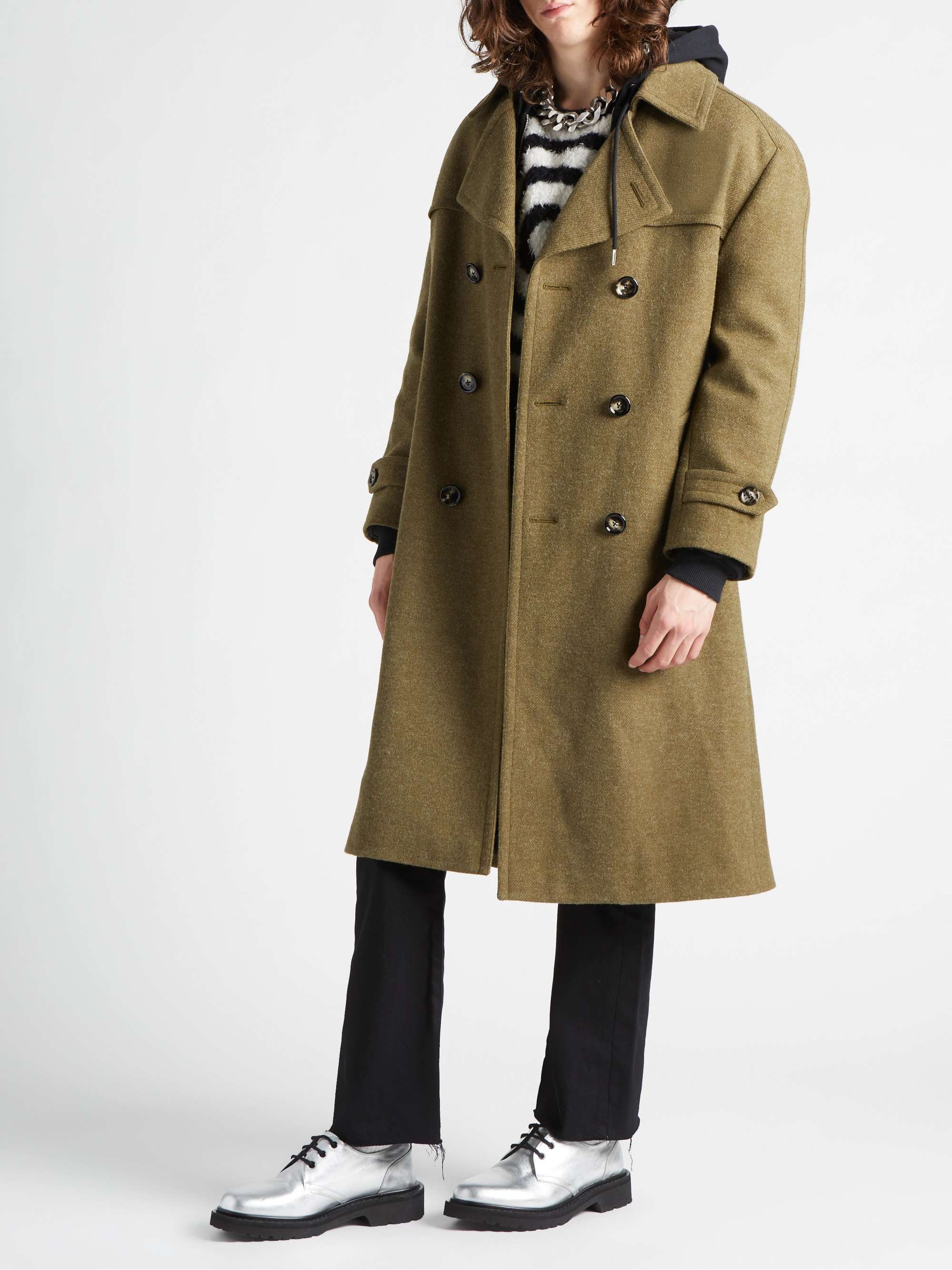Green Oversized Double-Breasted Wool Trench Coat | CELINE HOMME 