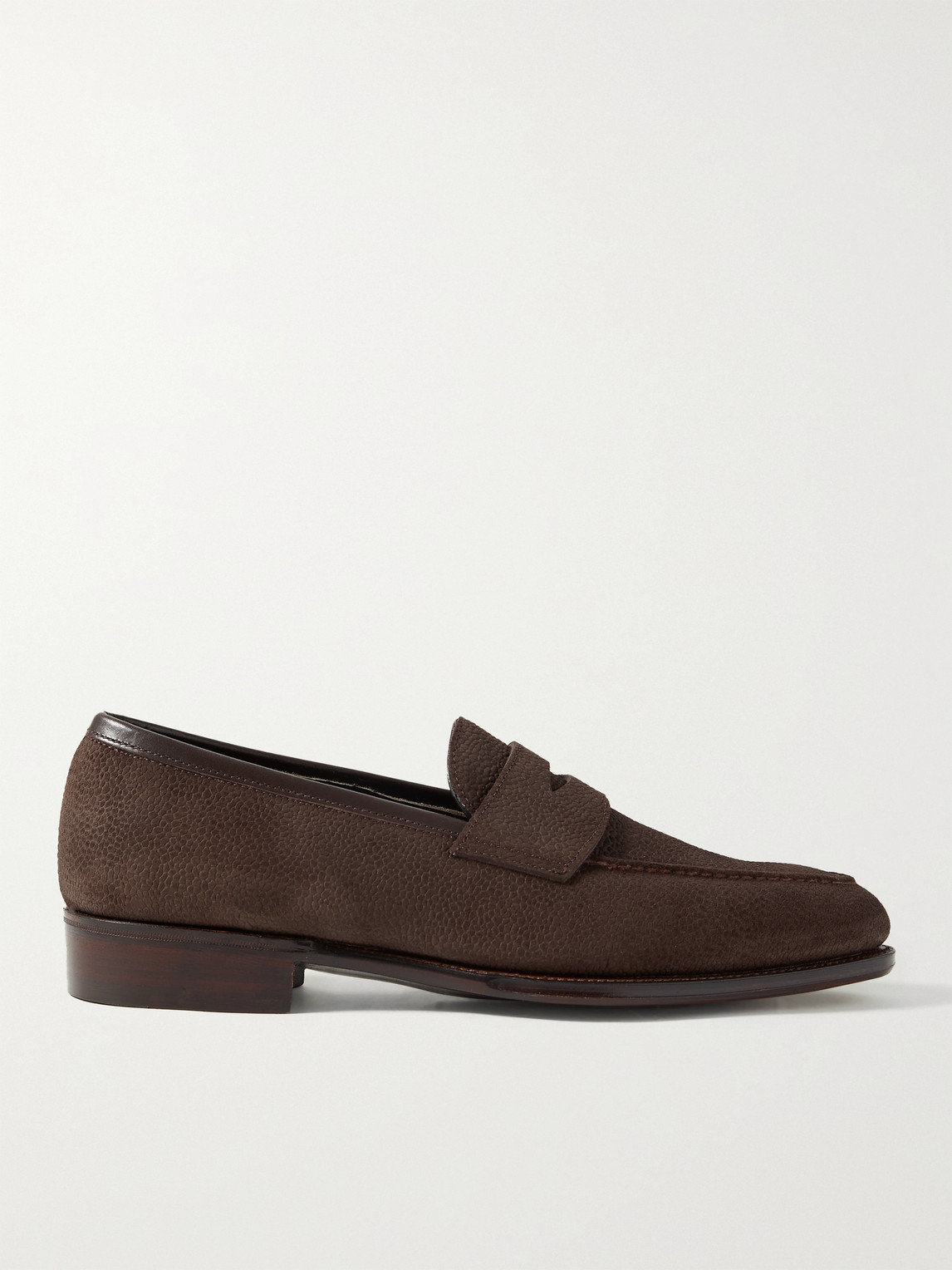 George Cleverley Bradley Iii Leather-trimmed Pebble-grain Suede Penny Loafers In Brown