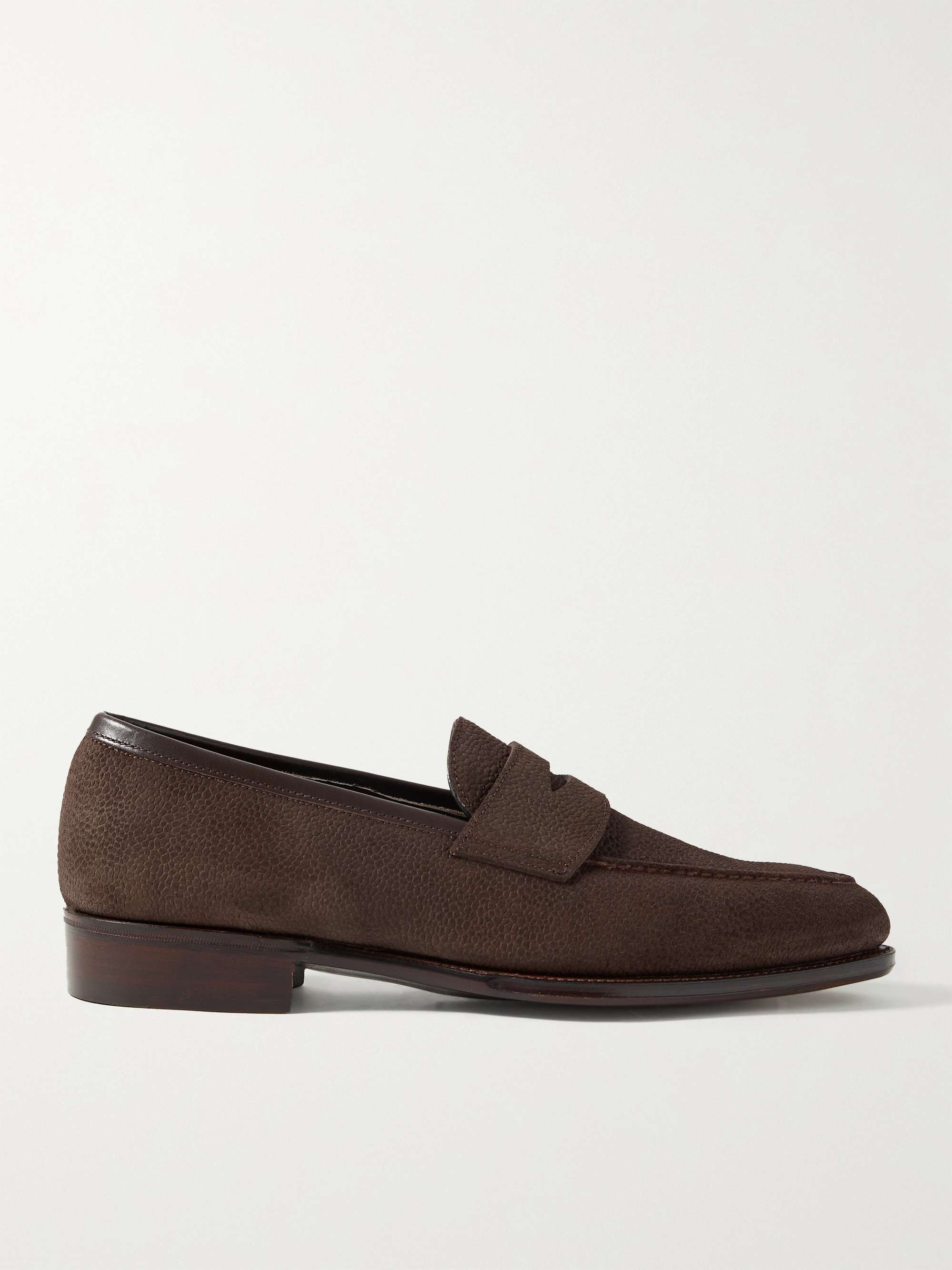 GEORGE CLEVERLEY Bradley III Leather-Trimmed Pebble-Grain Suede Penny Loafers