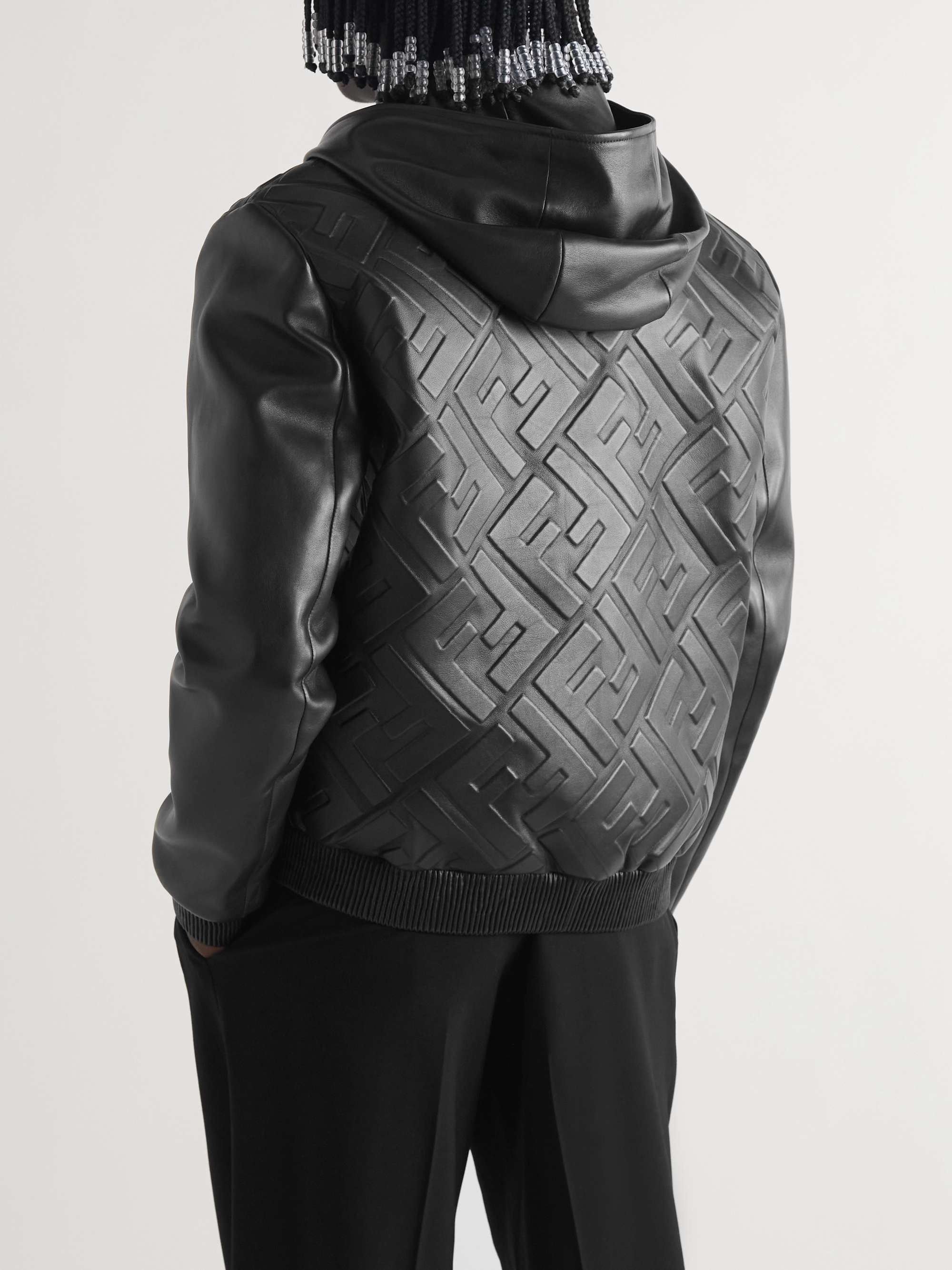 FENDI Logo-Embossed Leather Hooded Jacket