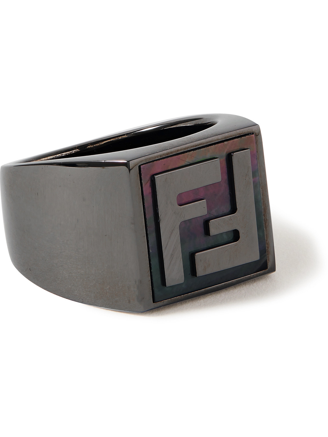 Fendi Logo-detailed Ruthenium-tone And Mother-of-pearl Signet Ring In Silver