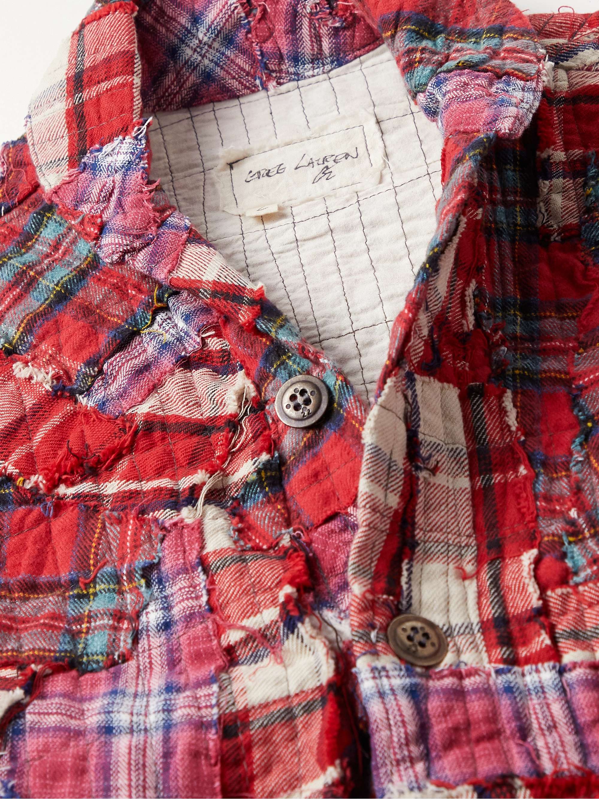 GREG LAUREN Distressed Patchwork Checked Cotton Overshirt