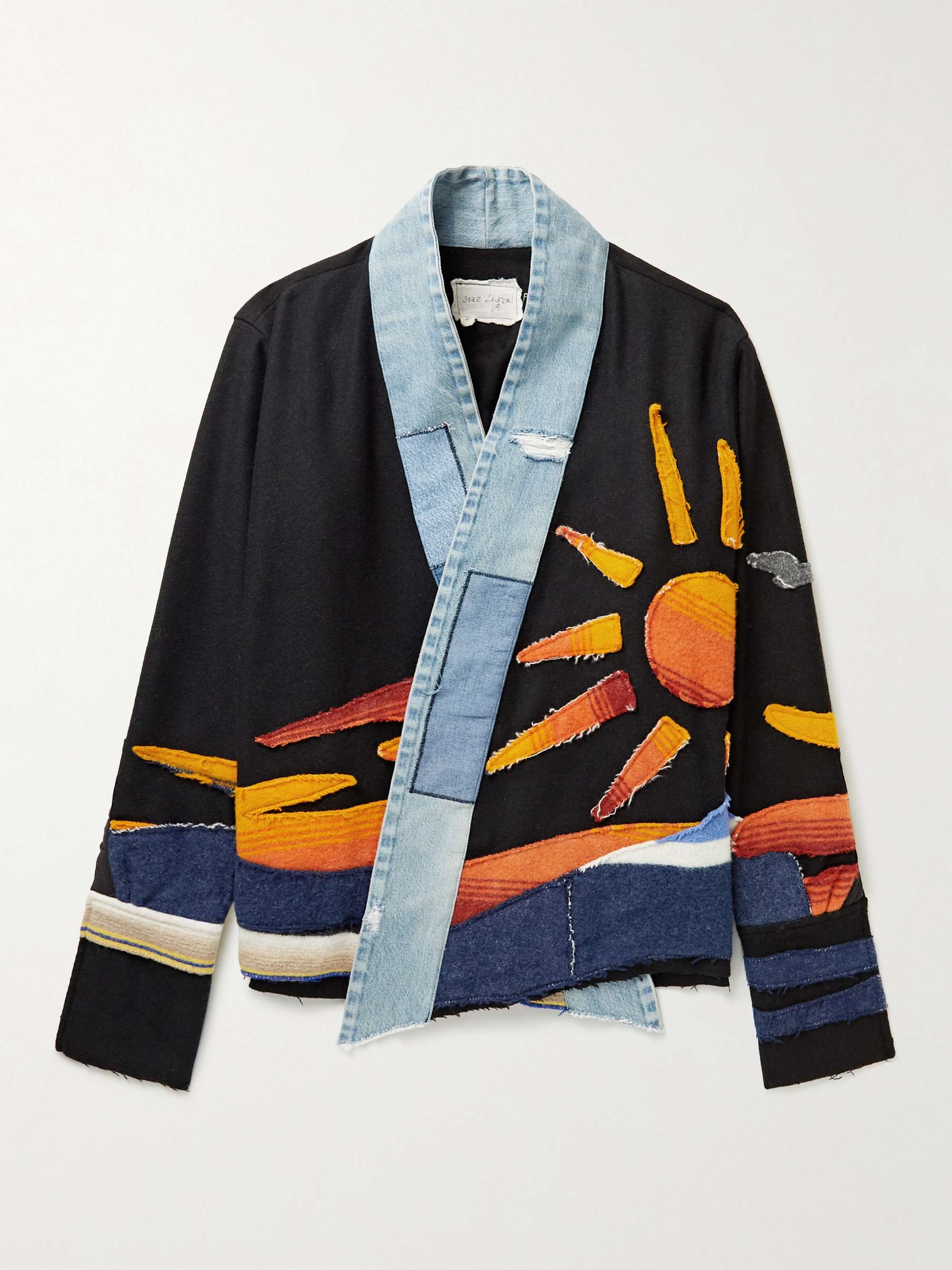 GREG LAUREN Sunrise Distressed Denim-Trimmed Wool and Cotton-Blend Jacket