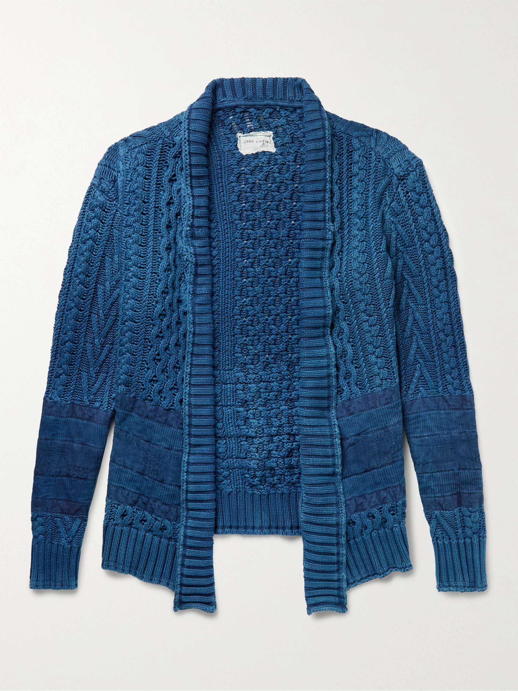 GREG LAUREN Panelled Distressed Cable-Knit Cotton Cardigan