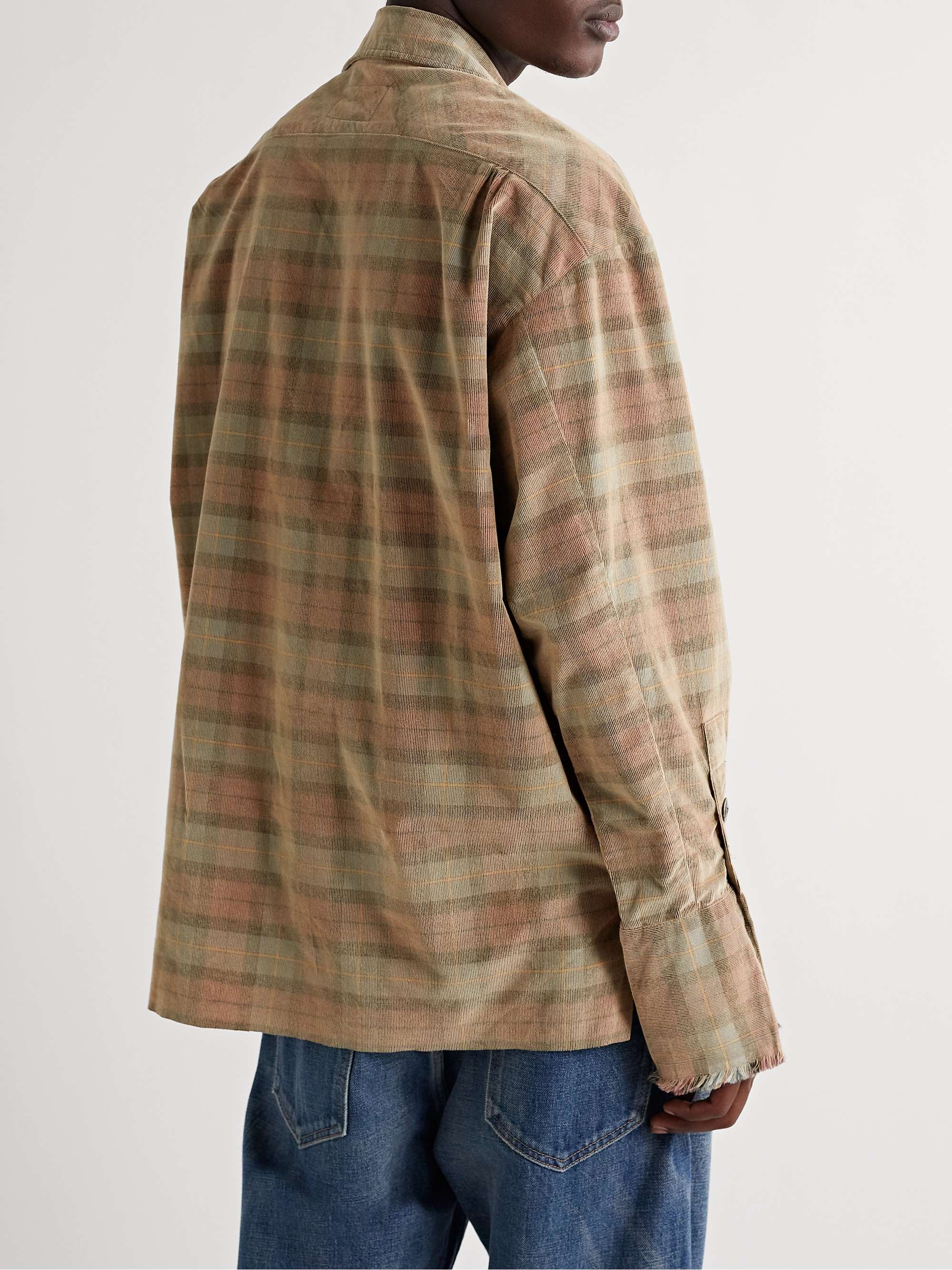 GREG LAUREN Haze Camp-Collar Distressed Checked Cotton-Flannel Shirt