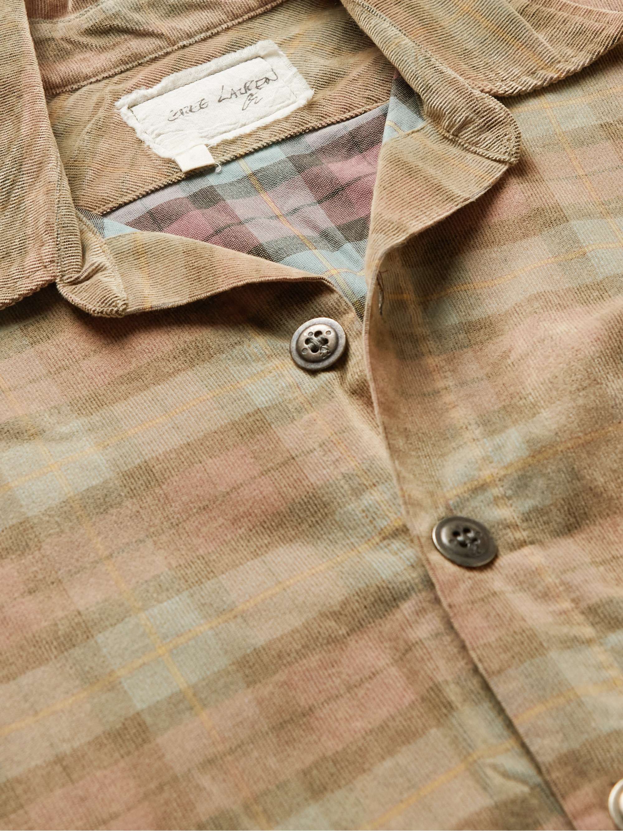 GREG LAUREN Haze Camp-Collar Distressed Checked Cotton-Flannel Shirt