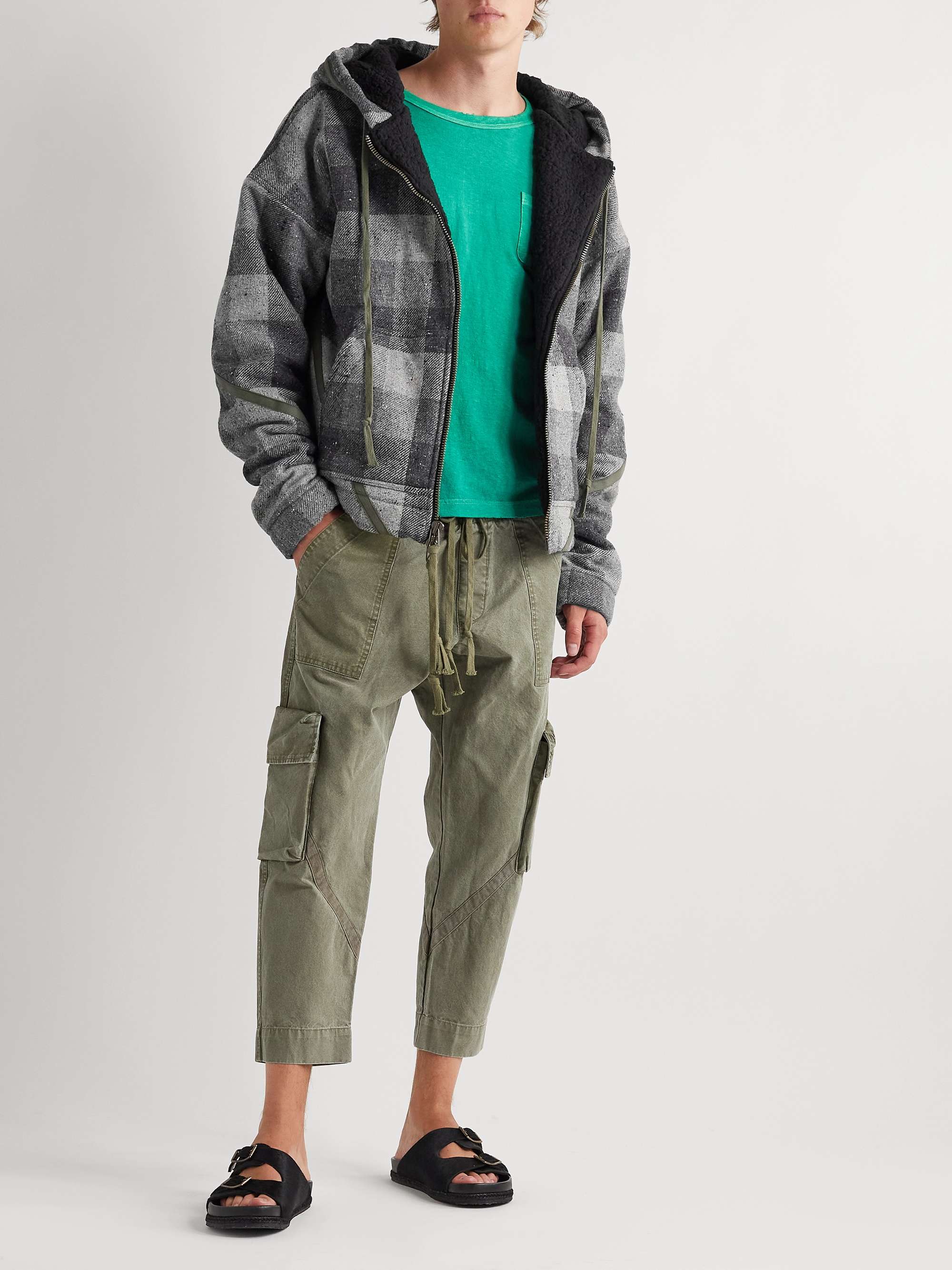 GREG LAUREN Canvas-Trimmed Checked Wool-Blend Tweed Hooded Jacket
