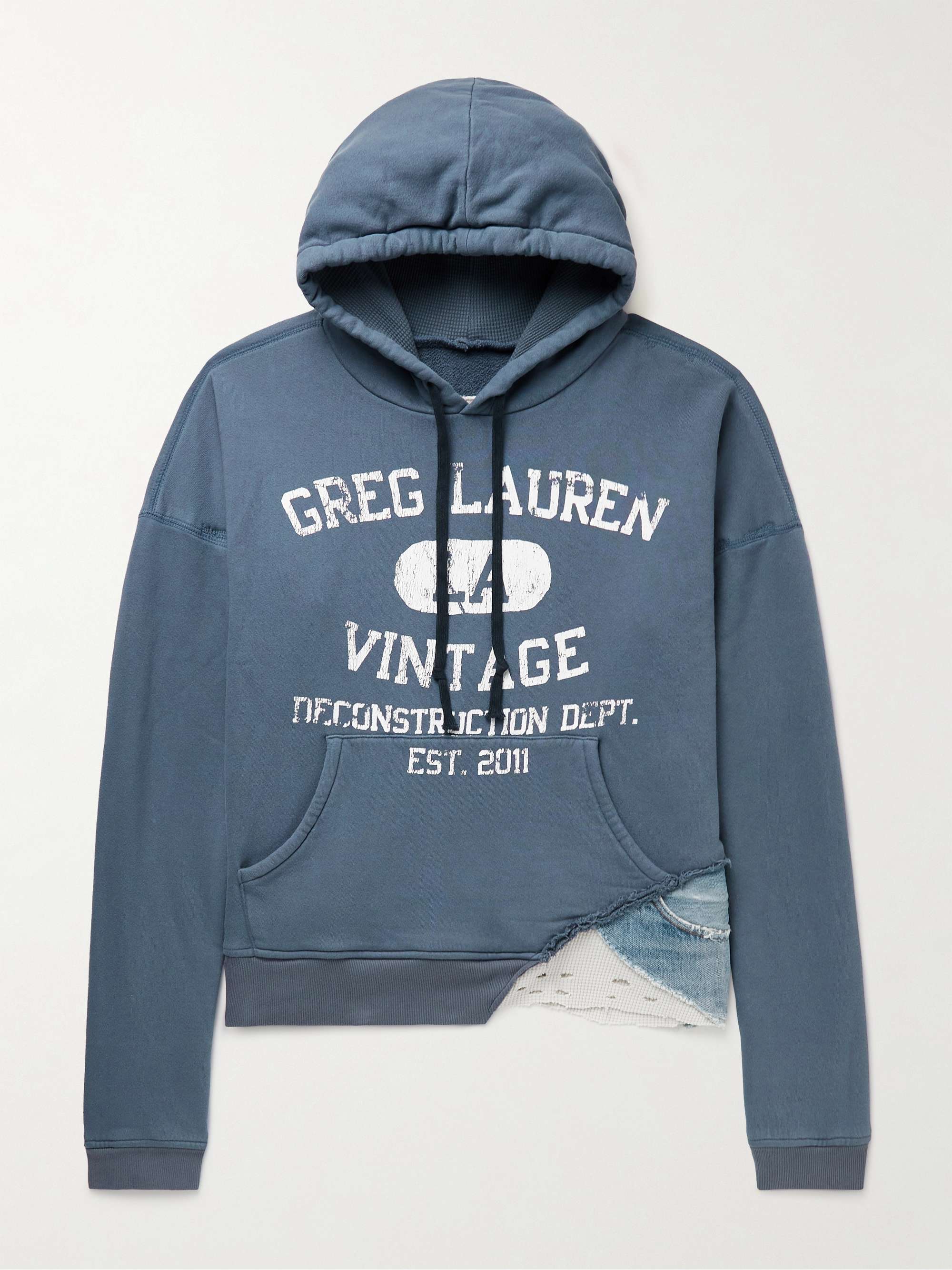GREG LAUREN Distressed Logo-Print Cotton-Jersey, Waffle-Knit and Denim Hoodie