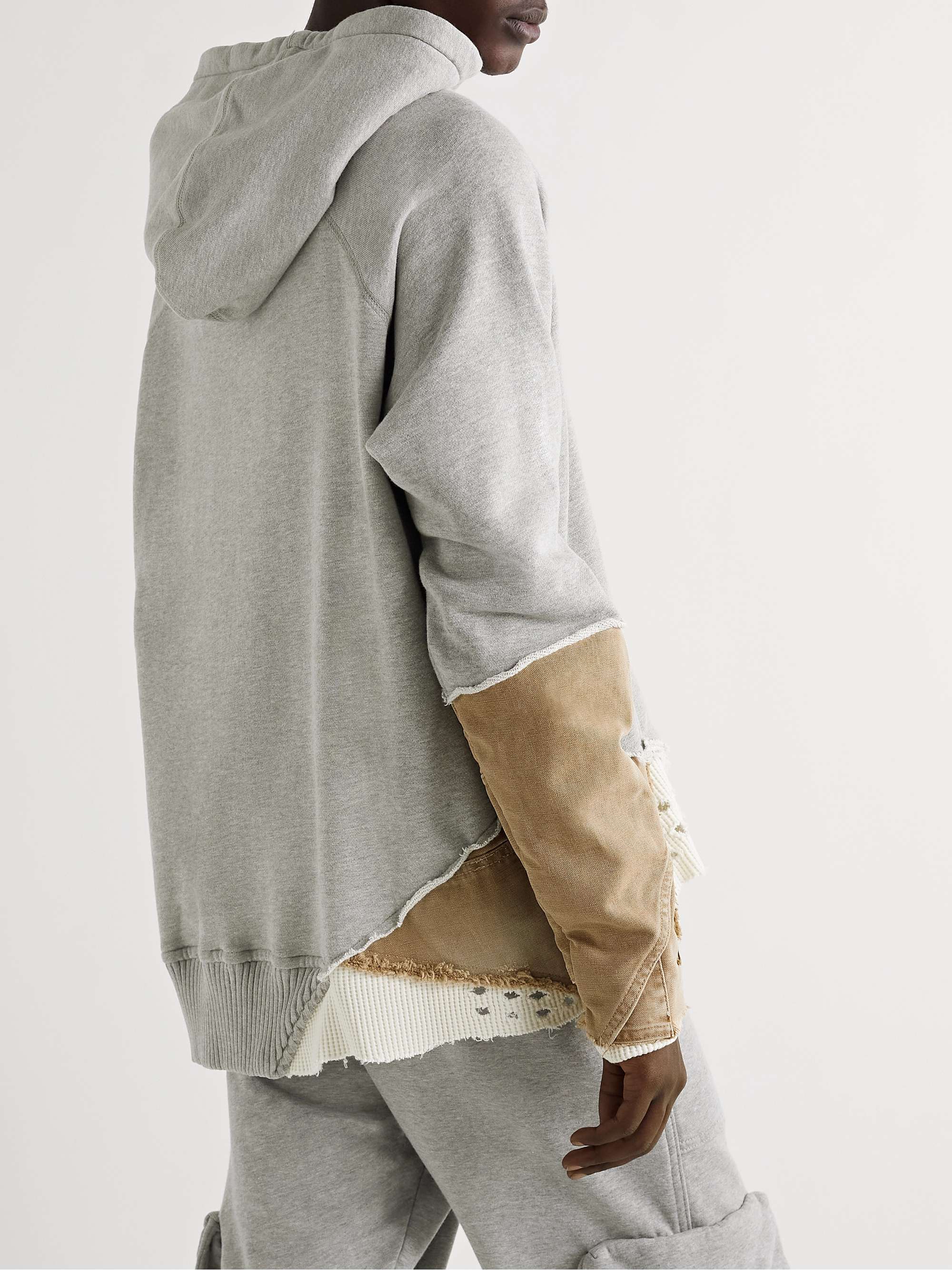 GREG LAUREN Fragment Distressed Panelled Cotton-Jersey and Canvas Hoodie