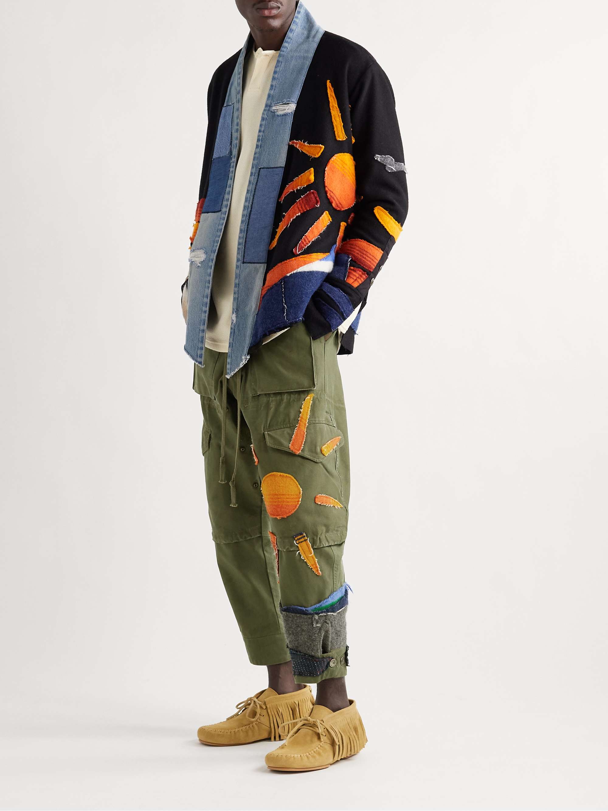GREG LAUREN Sunset Tapered Appliquéd Cotton and Wool-Blend Canvas Cargo Trousers