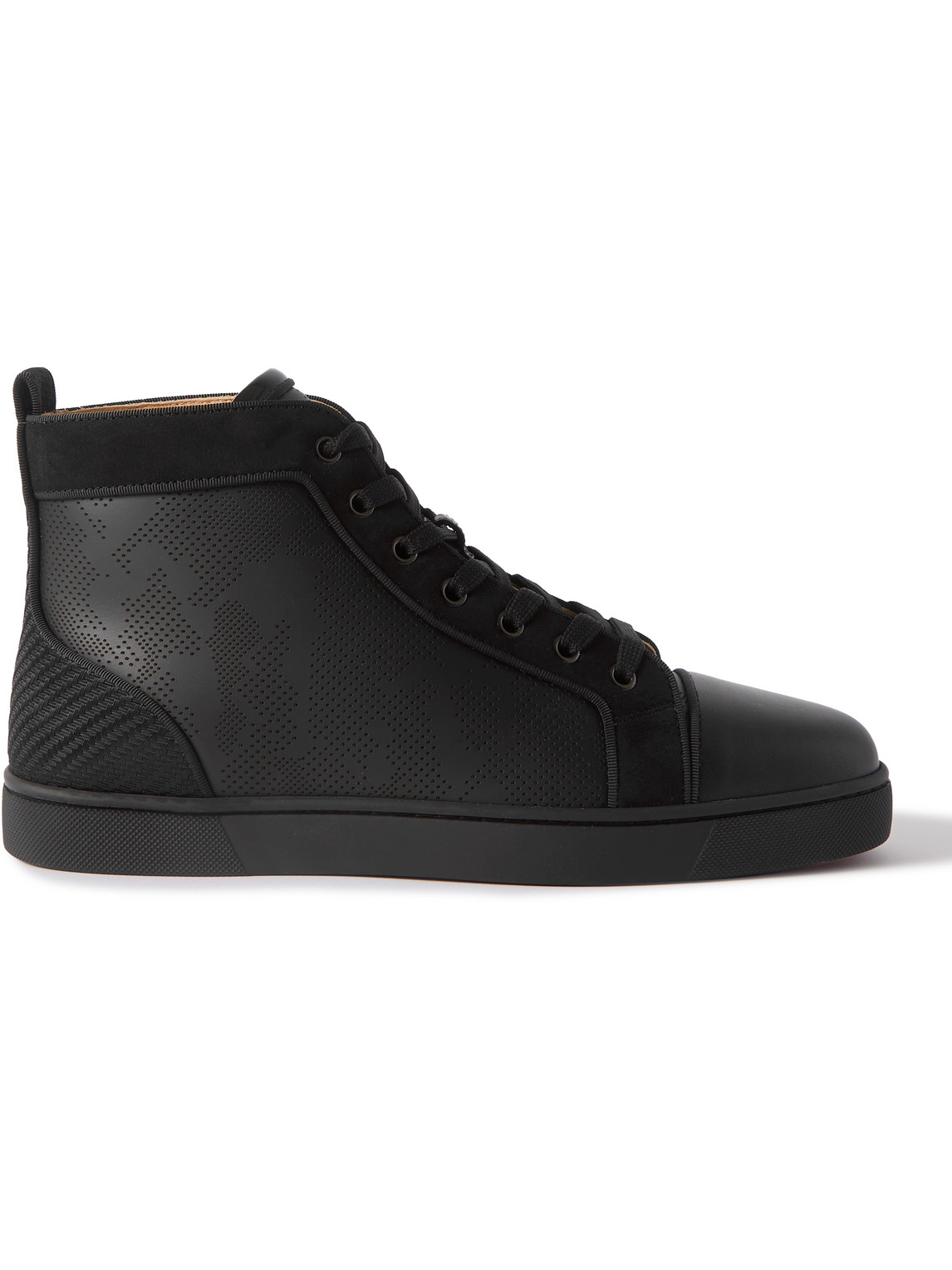 CHRISTIAN LOUBOUTIN LOUIS ORLATO GROSGRAIN-TRIMMED PERFORATED LEATHER HIGH-TOP SNEAKERS
