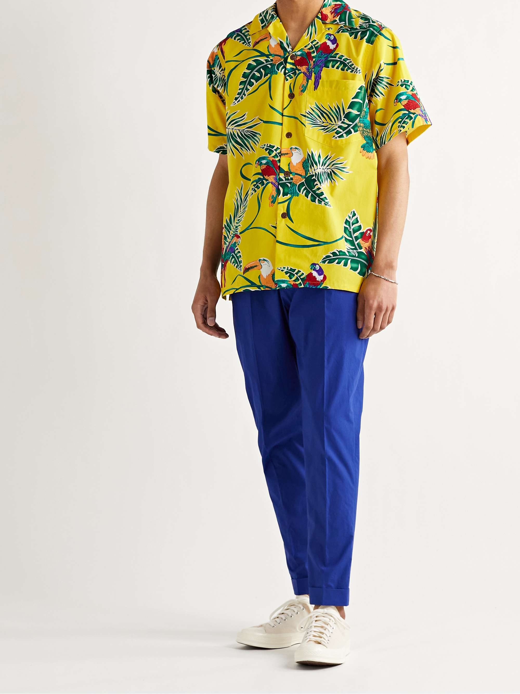 GO BAREFOOT Tropical Birds Camp-Collar Printed Cotton Shirt