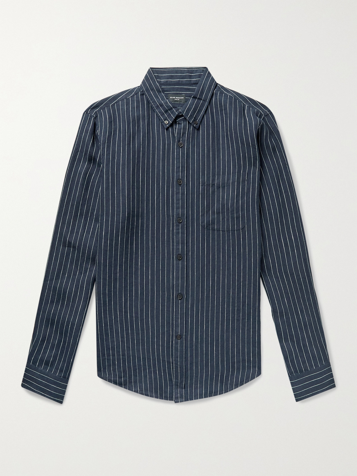 Club Monaco Slim-fit Button-down Collar Pinstriped Slub Linen Shirt In Blue