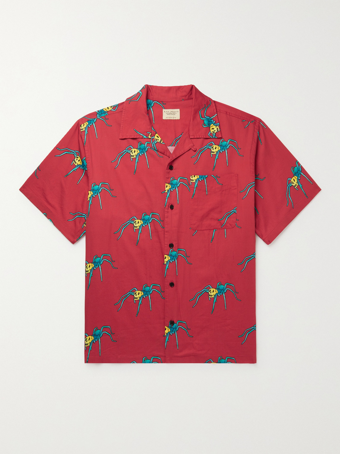 Nudie Jeans Aron Spiders Convertible-collar Printed Organic Cotton Shirt In Red