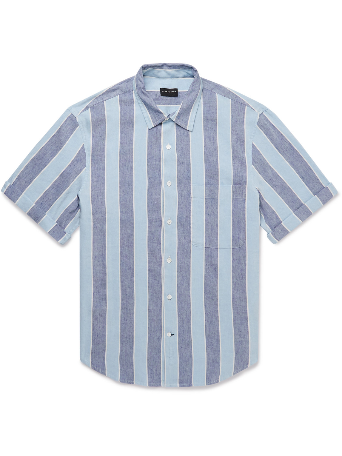 Club Monaco Striped Short Sleeve Linen Blend Shirt In Deep Ultramarine Multi