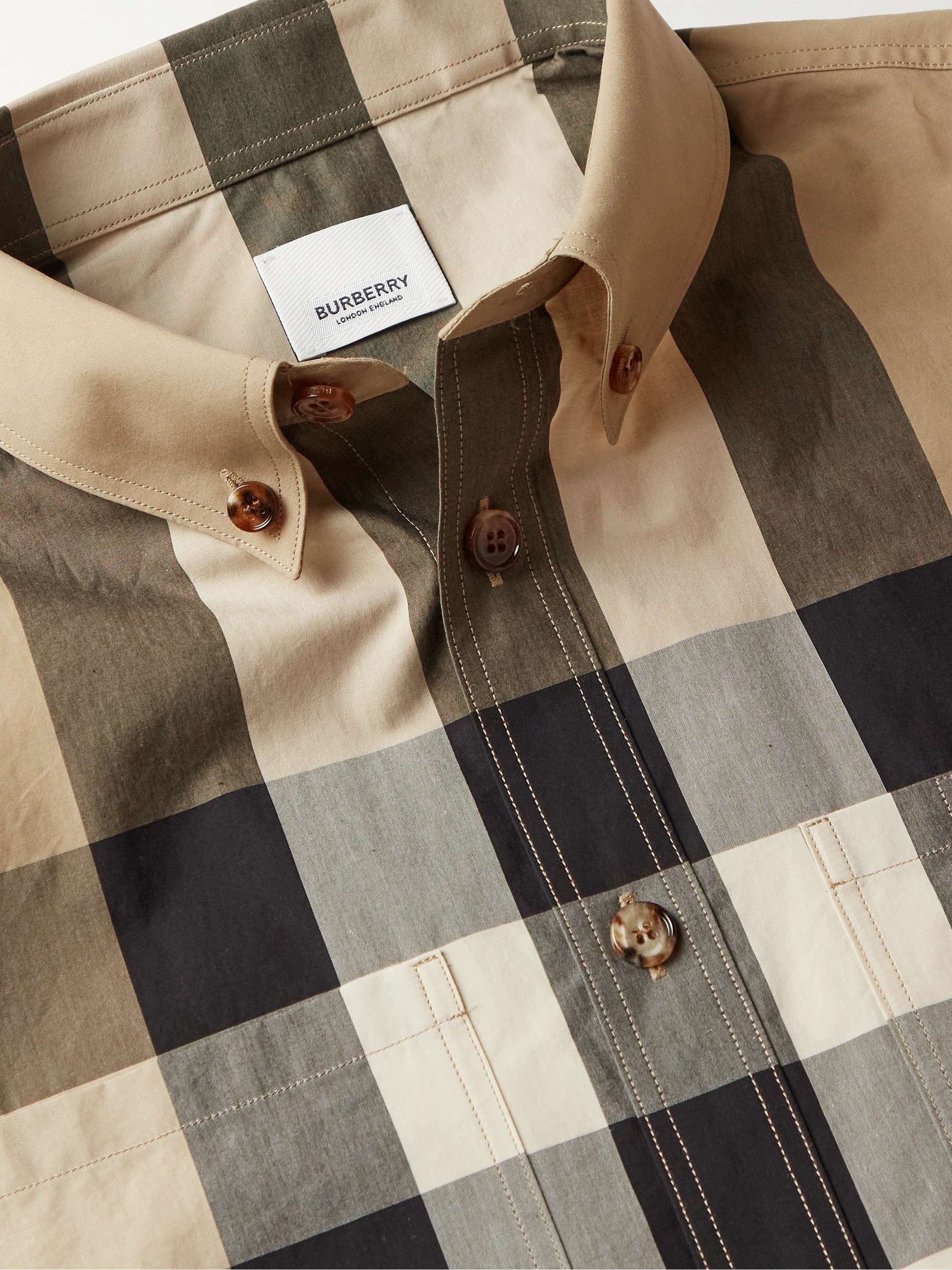 BURBERRY Button-Down Collar Checked Cotton-Poplin Shirt