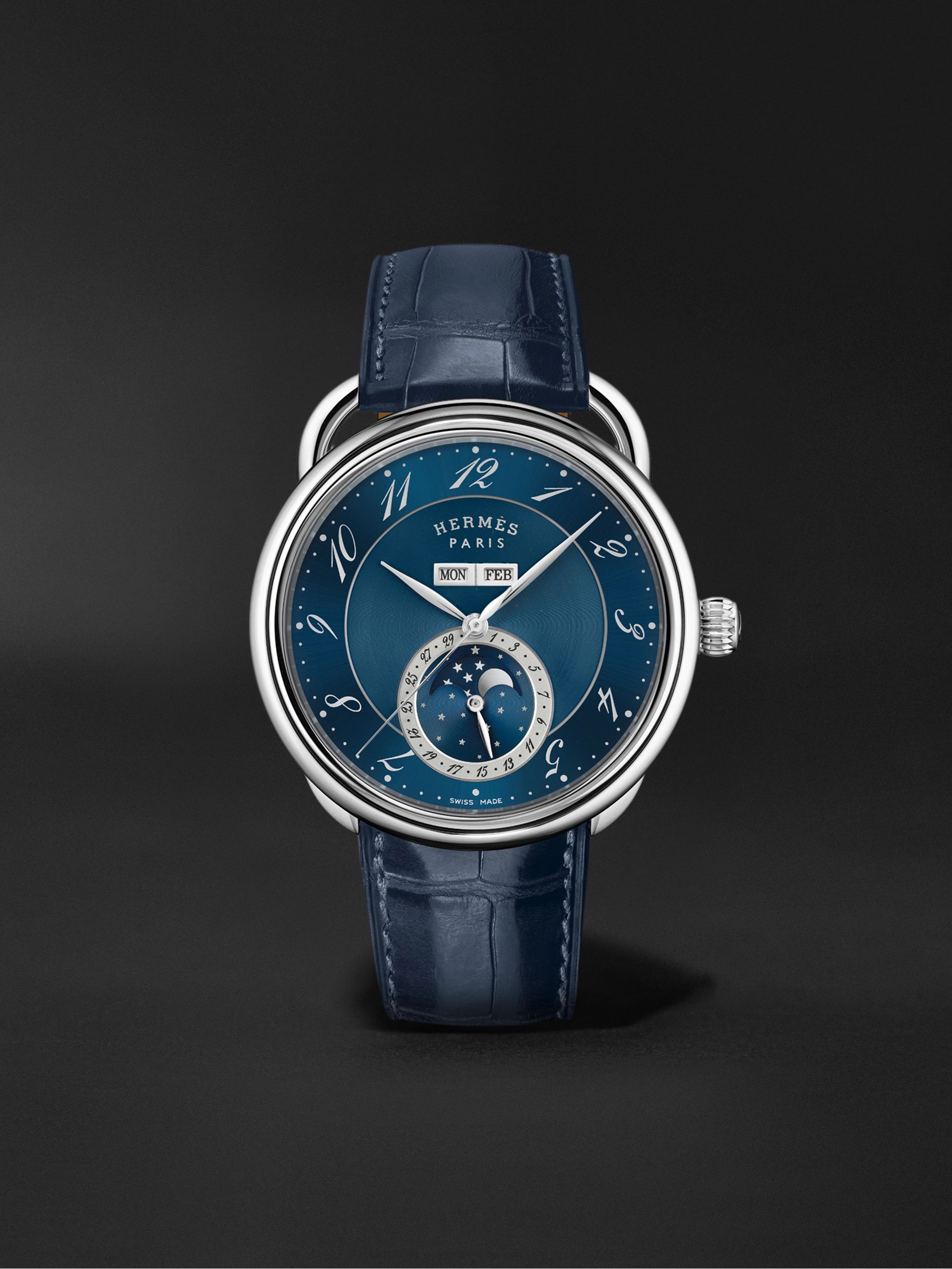 HERMÈS TIMEPIECES Arceau Grande Lune Automatic Moon-Phase 43mm Steel and Alligator Watch, Ref. No. 053222WW00