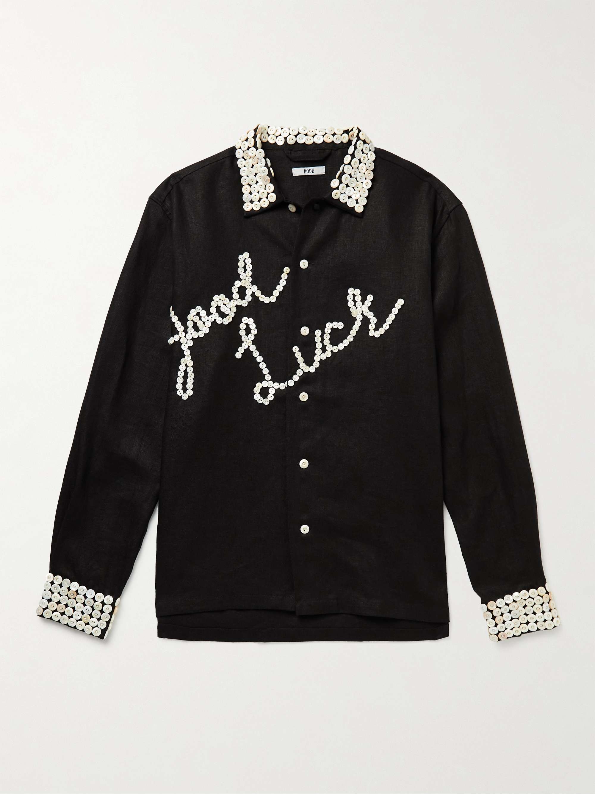 BODE Good Luck Button-Embellished Linen Shirt