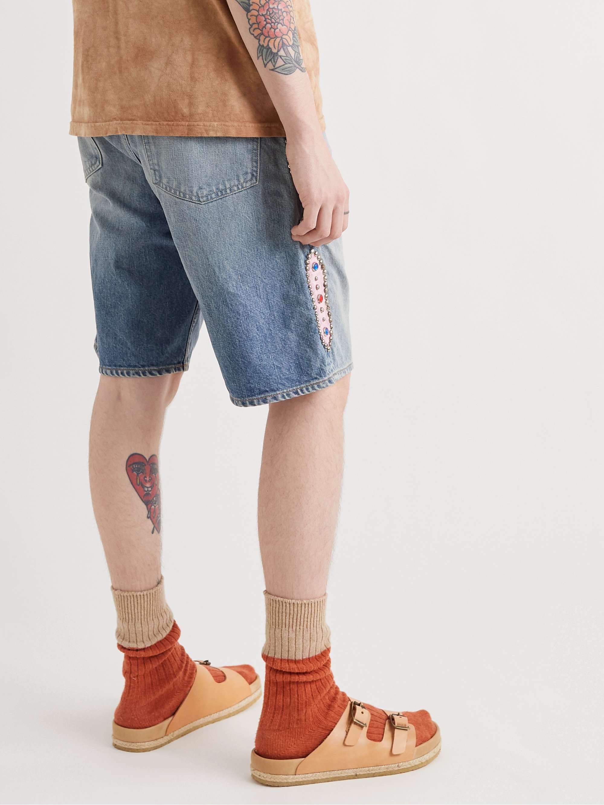 KAPITAL Wide-Leg Embellished Denim Shorts