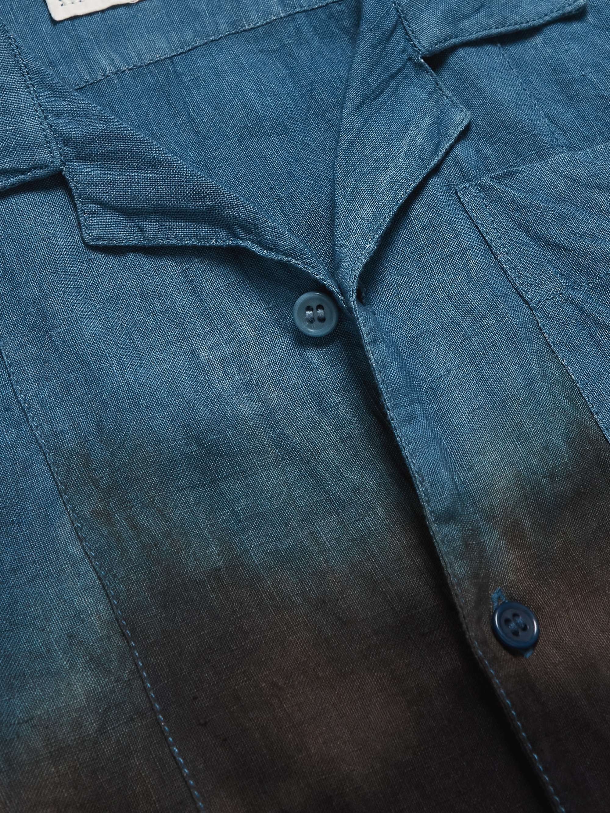 STORY MFG. Greetings Camp-Collar Embroidered Garment-Dyed Organic Linen Shirt