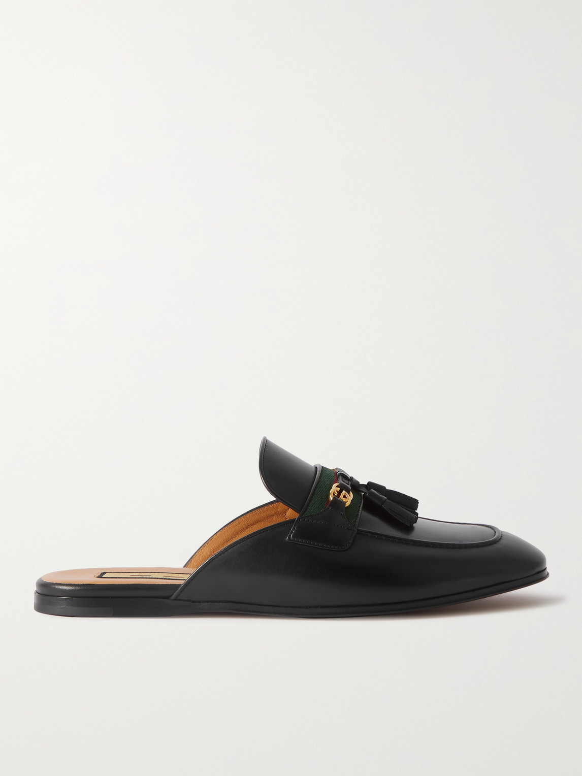 GUCCI WEBBING-TRIMMED LEATHER TASSELLED BACKLESS LOAFERS
