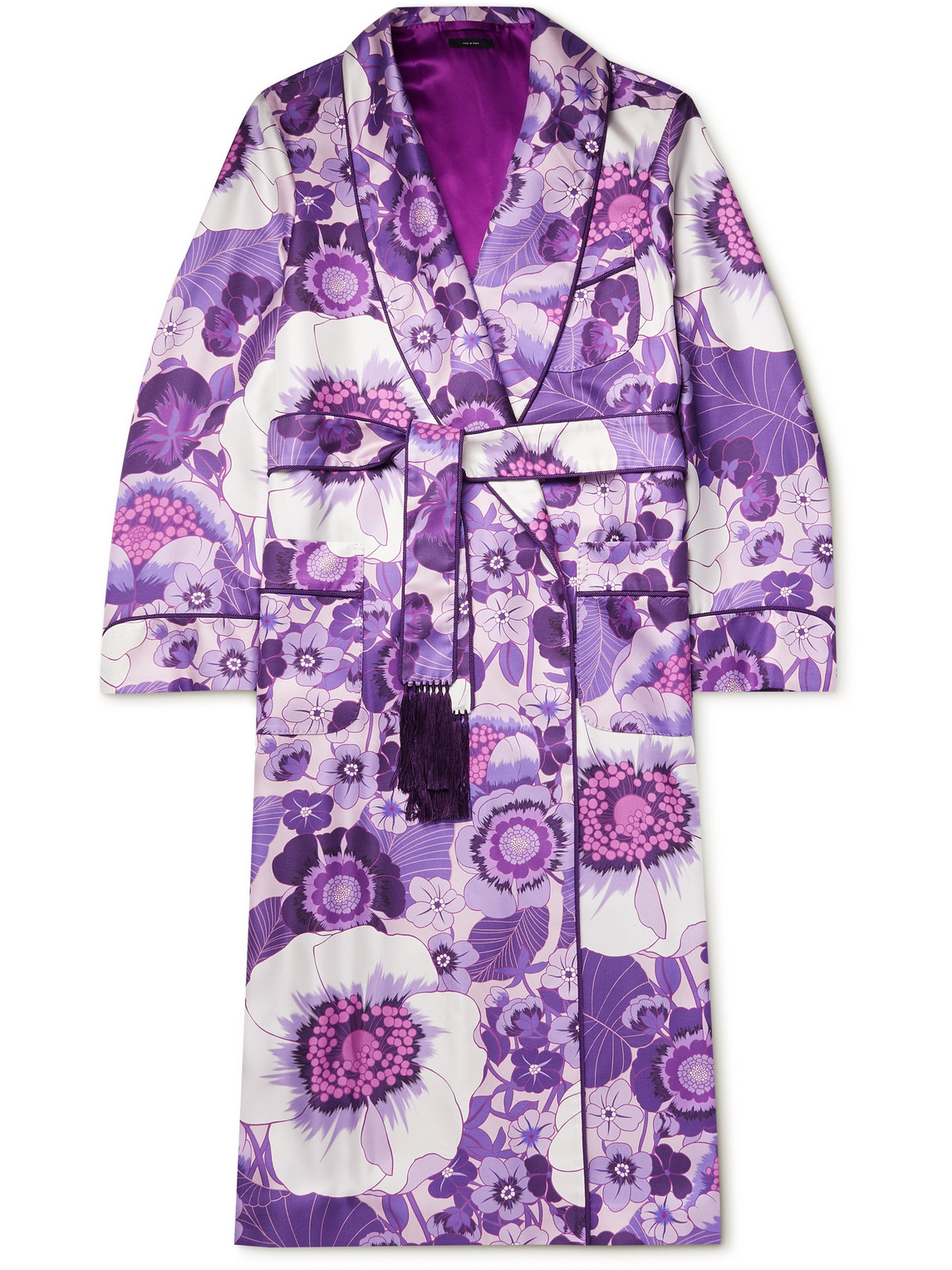 Tom Ford Tasselled Piped Floral-print Silk-twill Robe In Purple