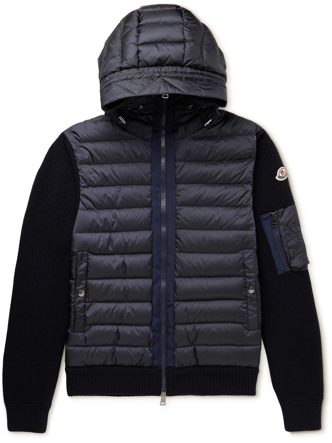 MONCLER SLIM-FIT PANELLED QUILTED SHELL DOWN AND RIBBED WOOL-BLEND HOODED JACKET